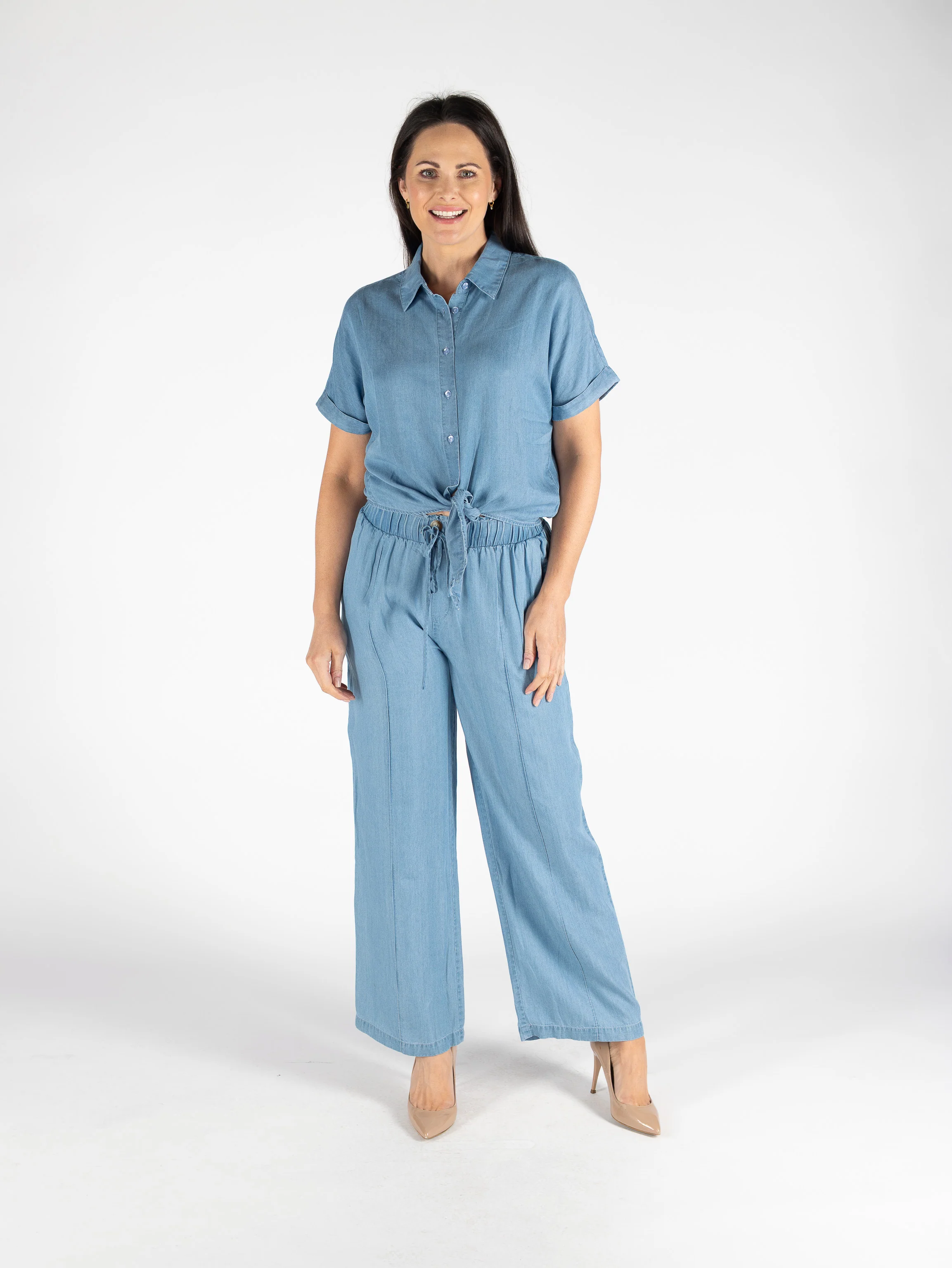 Lyocell Denim Tie Front Blouse – Mid Blue B30663 - Image 2