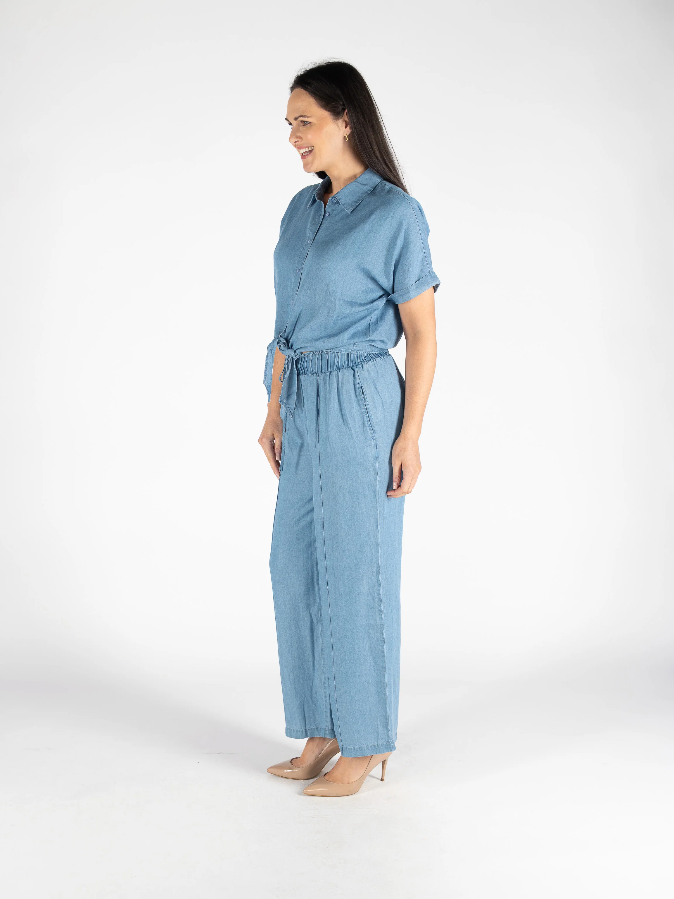 Lyocell Denim Tie Front Blouse – Mid Blue B30663 - Image 3