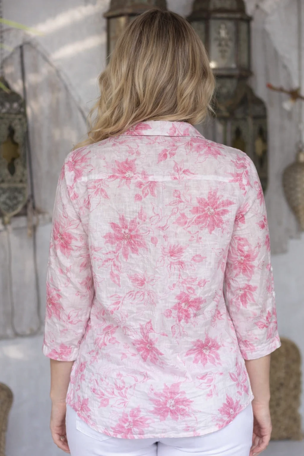 B30702  PINK FLORAL PRINT LONGLINE BLOUSE 3/4 SE PINK - Image 2