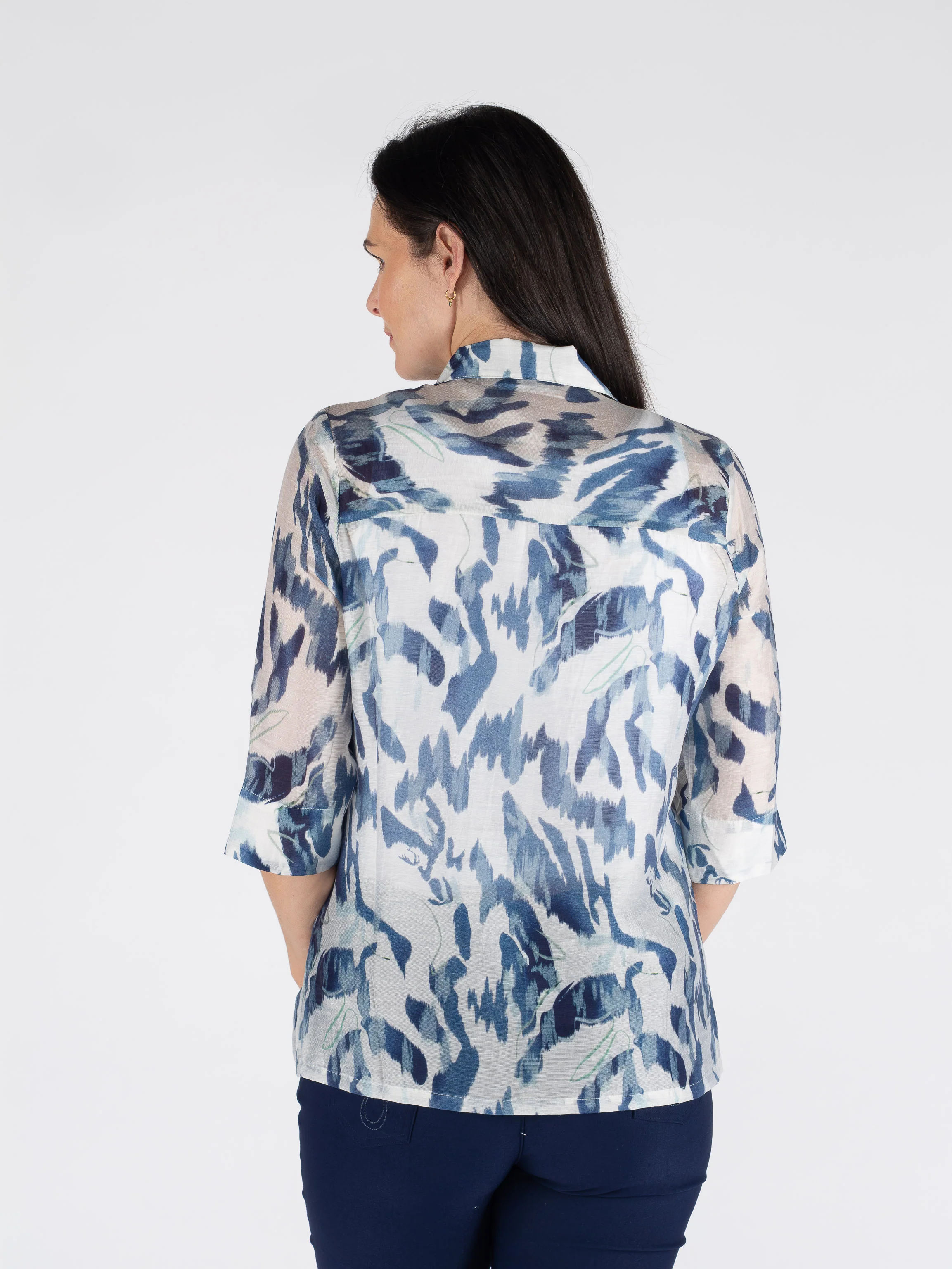 B30713  Navy Abstract Print Blouse with ¾ sleeves – Navy & White - Image 3