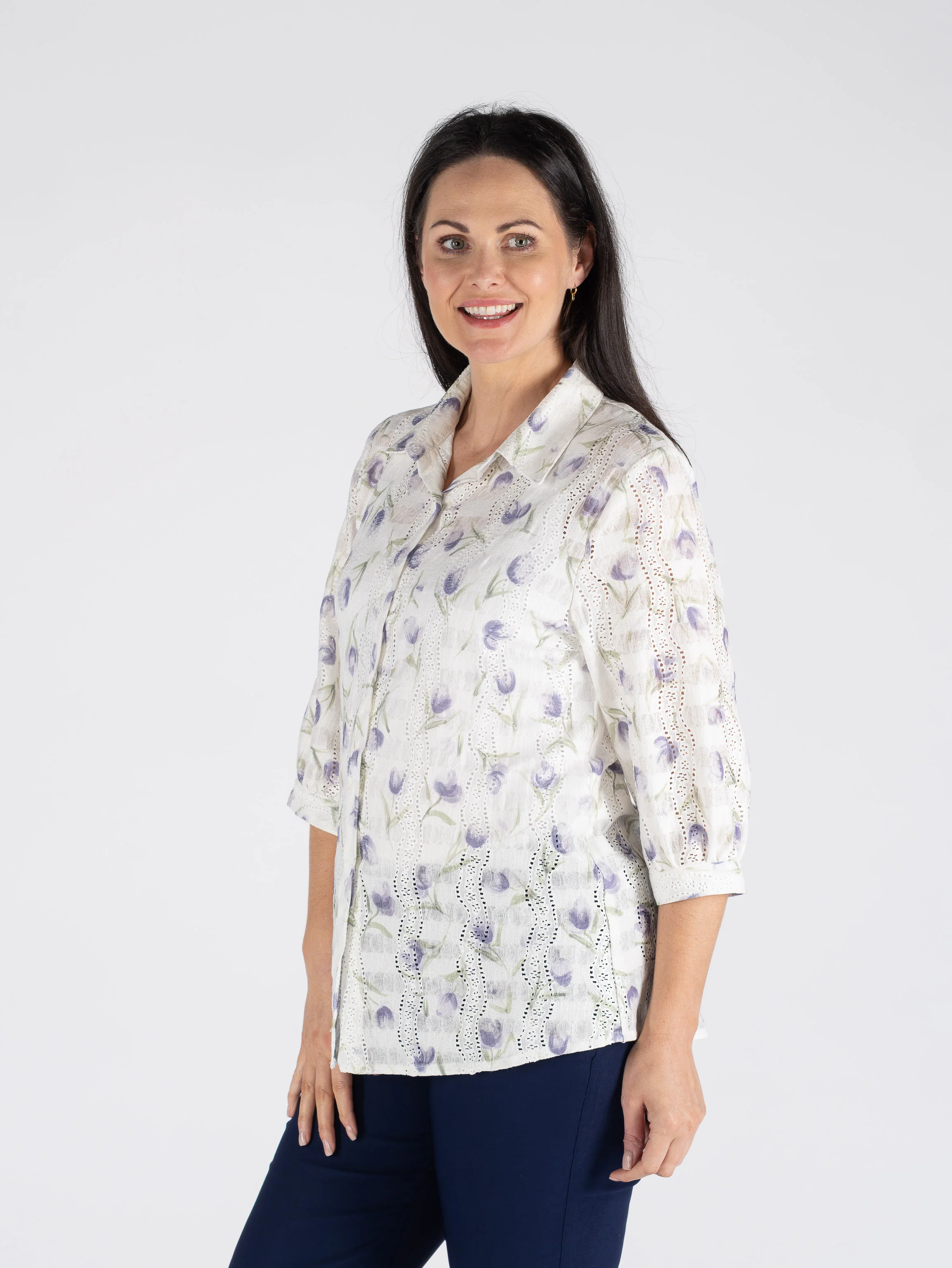B30740  WHITE LILAC PRINTED SCHIFFLY BLOUSE 3/4 LILAC PRINT - Image 2