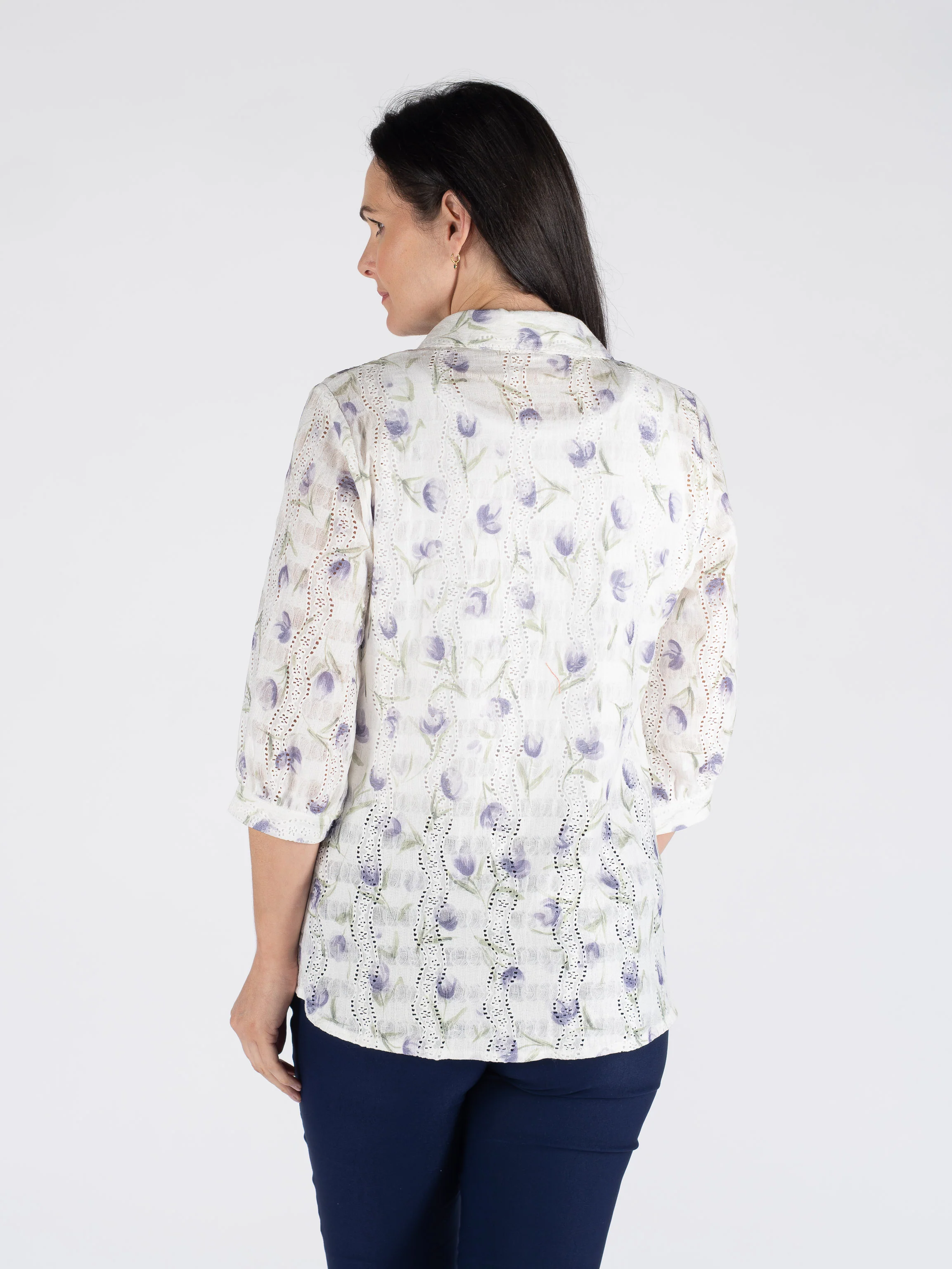 B30740  WHITE LILAC PRINTED SCHIFFLY BLOUSE 3/4 LILAC PRINT - Image 3