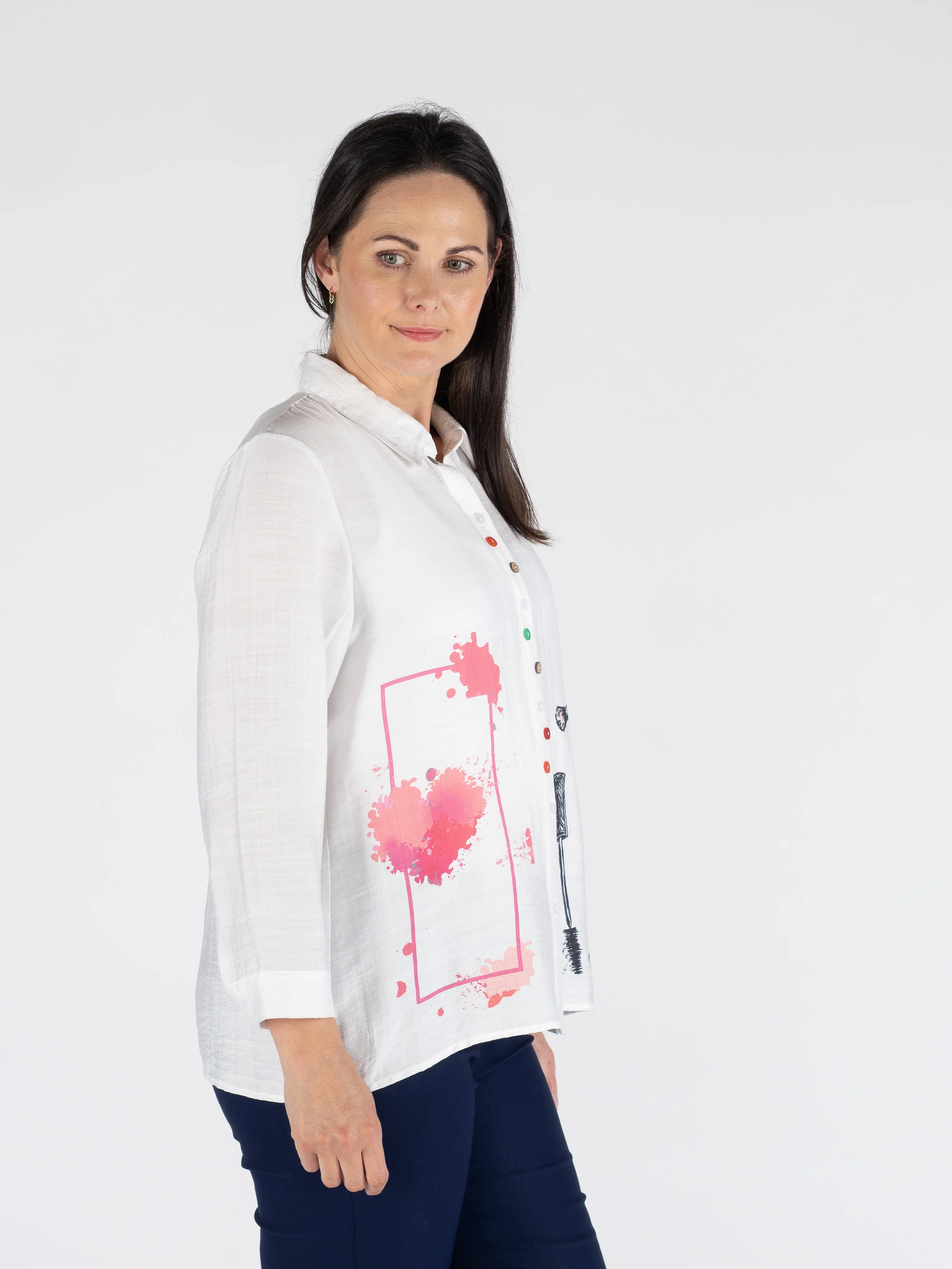 B30757  COSMETICS PRINT BLOUSE FANCY BUTTON LONG WHITE - Image 2