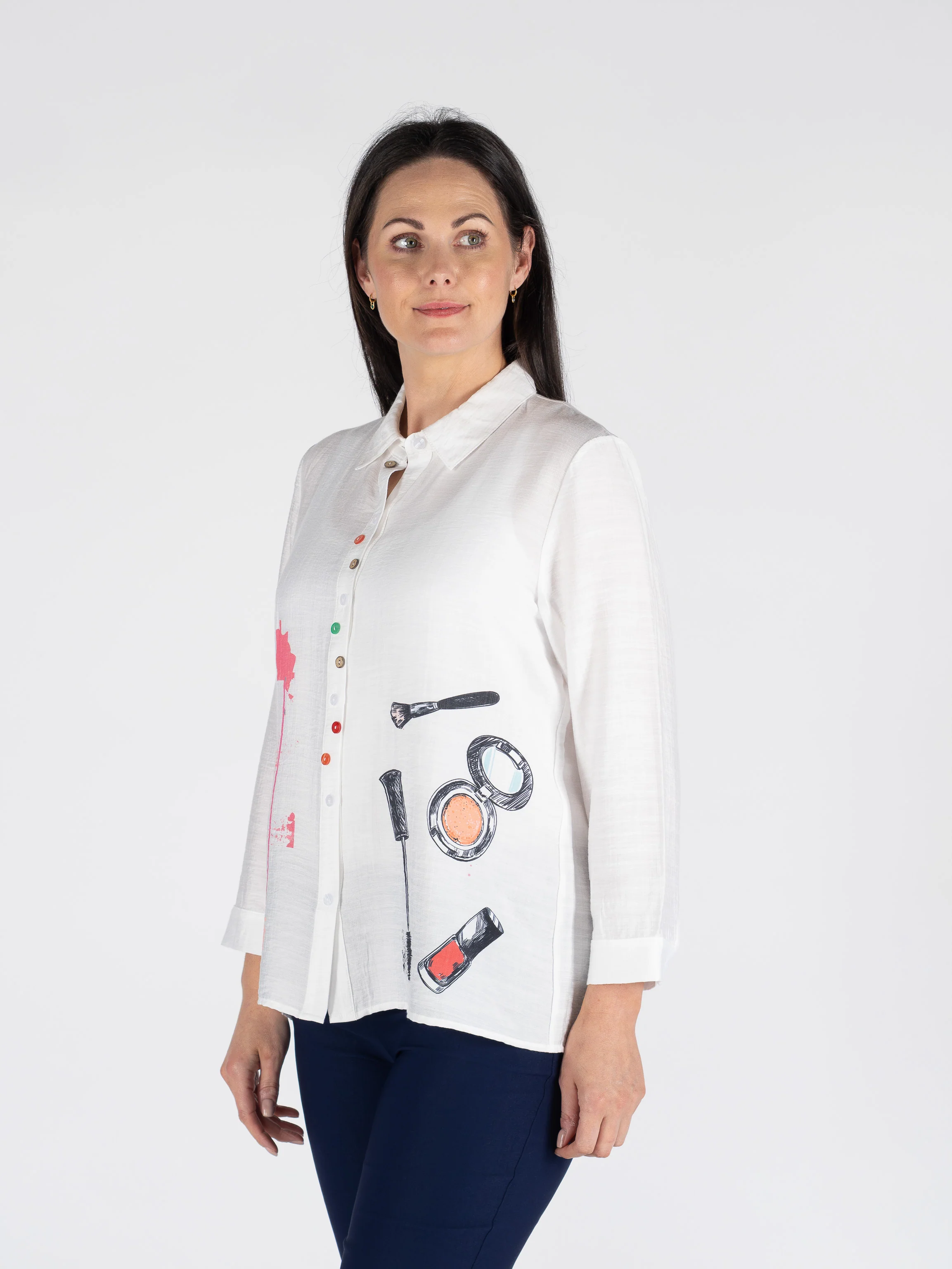 B30757  COSMETICS PRINT BLOUSE FANCY BUTTON LONG WHITE - Image 3
