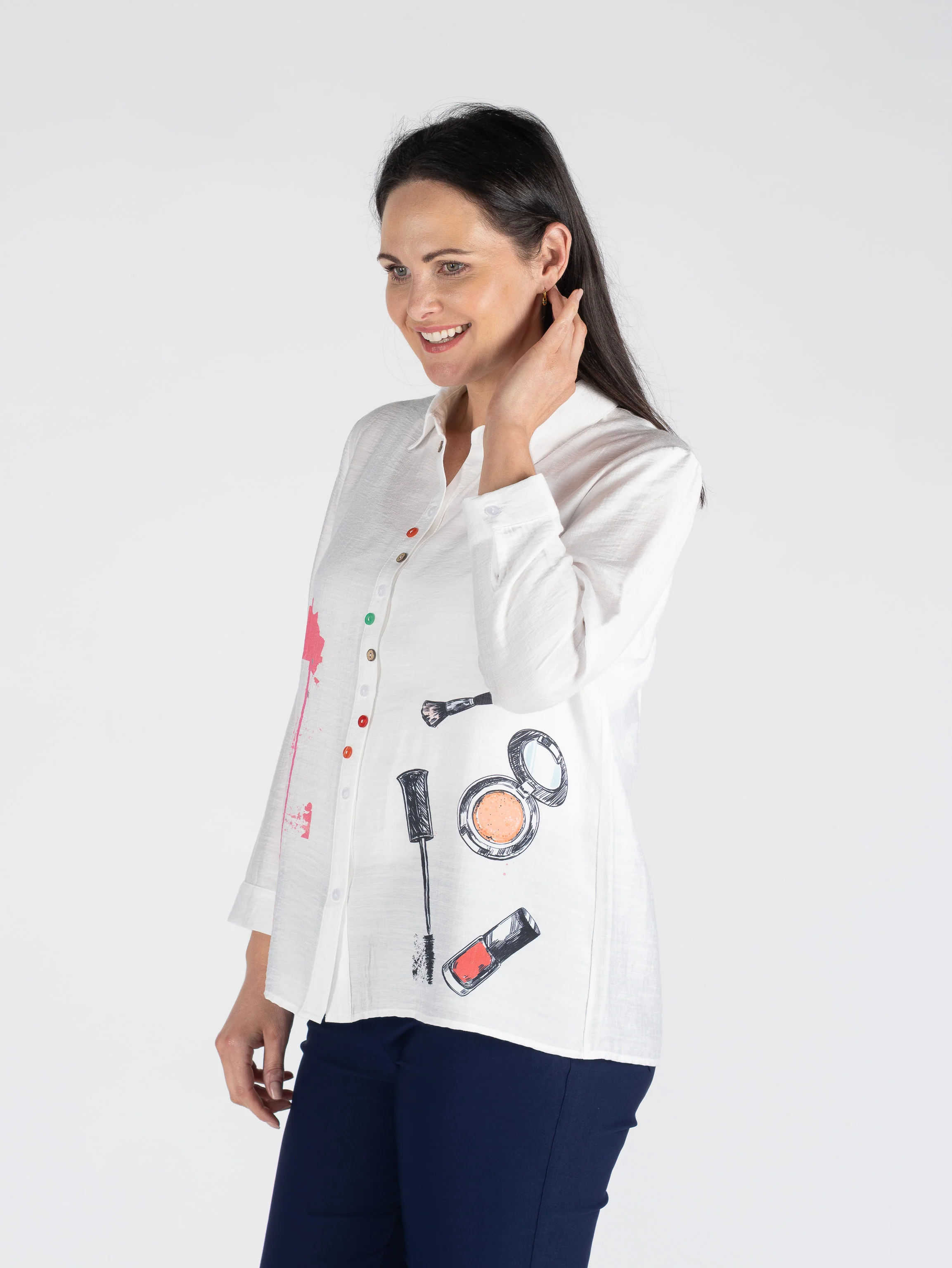 B30757  COSMETICS PRINT BLOUSE FANCY BUTTON LONG WHITE - Image 4