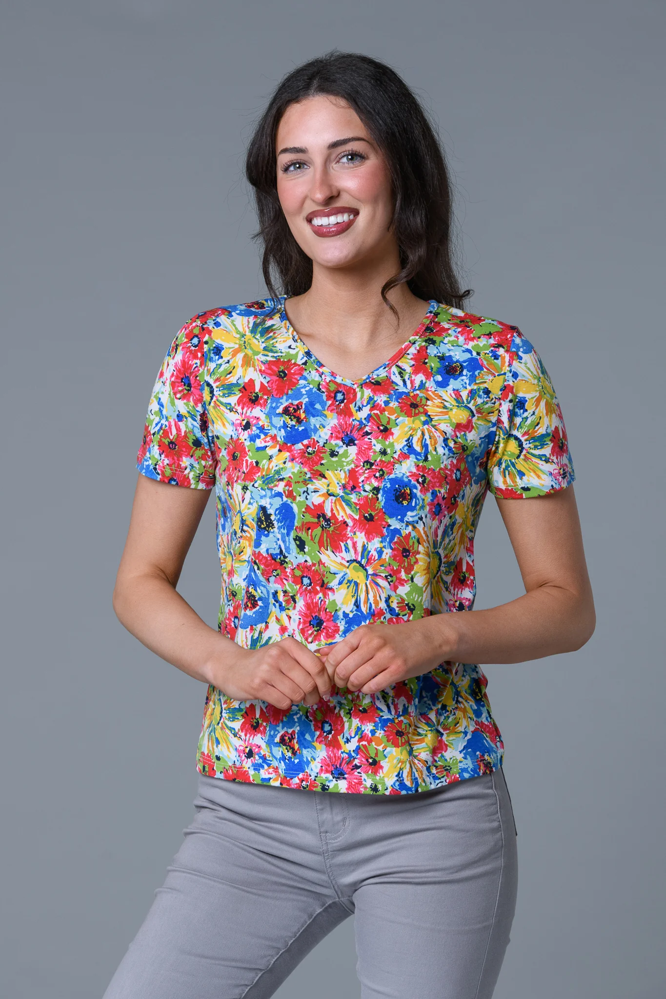 Busy Flower V Neck BLUE
