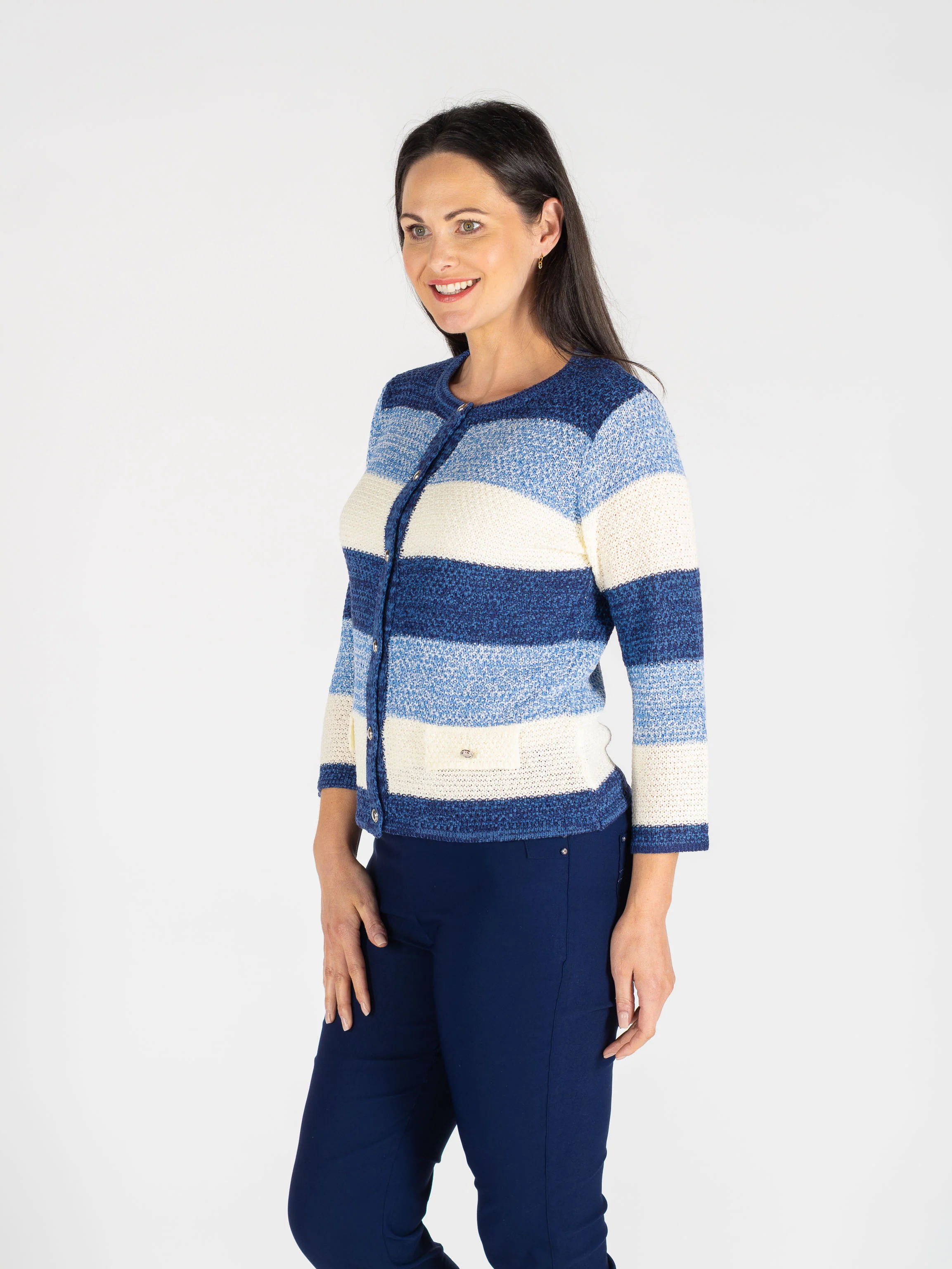 Blue Multi Stripe Cardigan Pocket Detail 3/4 CA30652 Blue Multi - Image 3