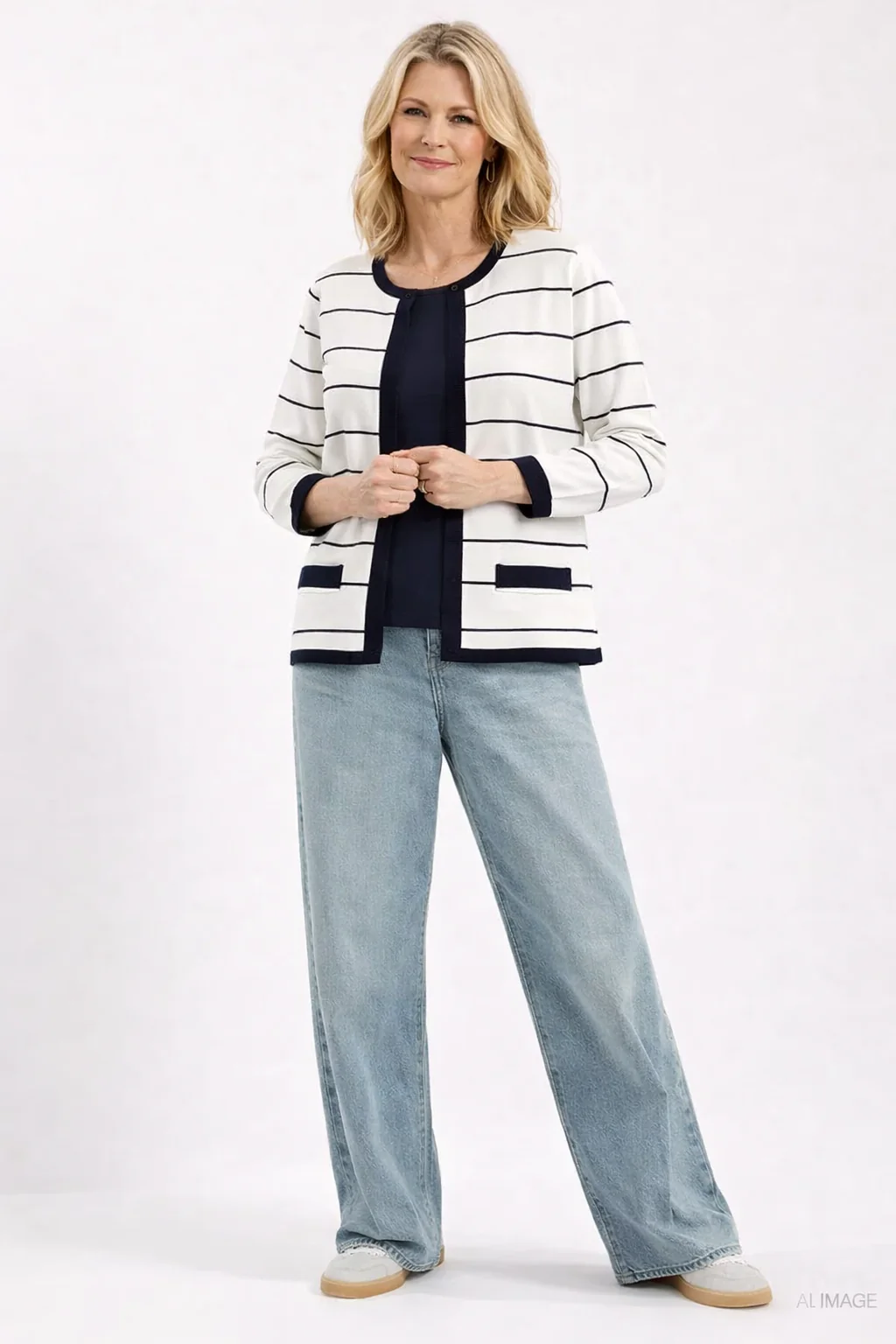 CA30812 STRIPE MOCK CARDIGAN WITH VEST 3/4 SLEEV WHITE NAVY