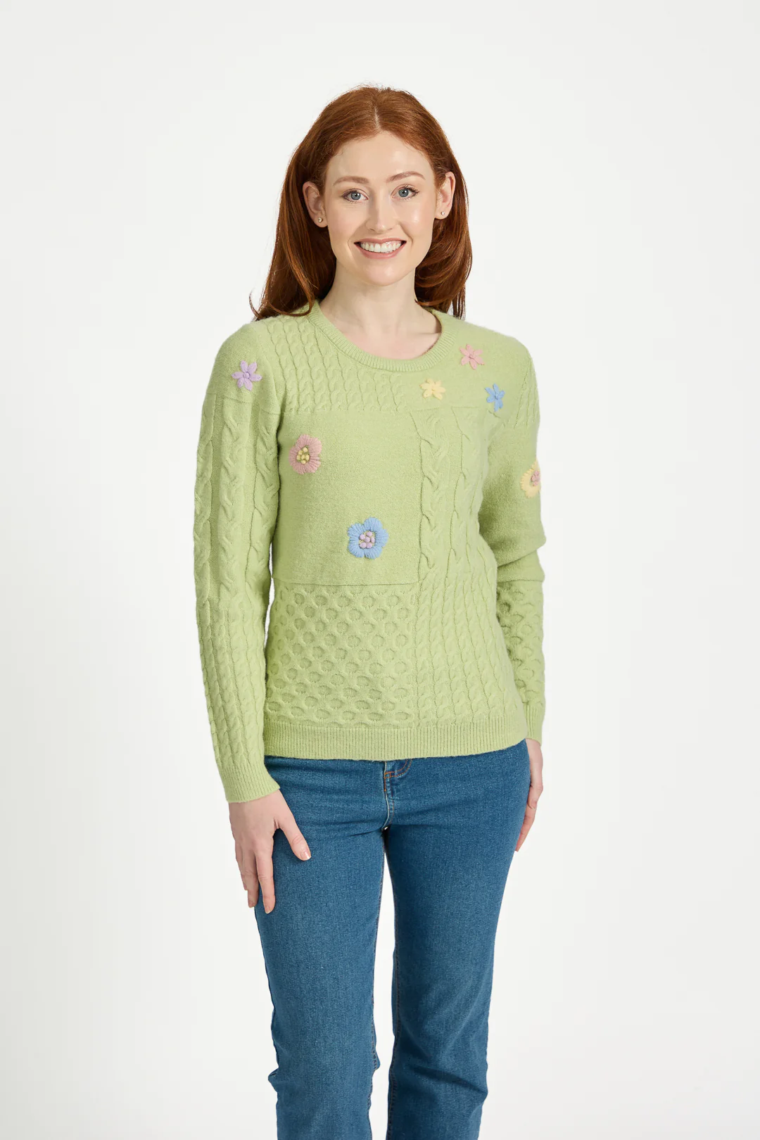 Cable Flower Embroidered Jumper ā Green
