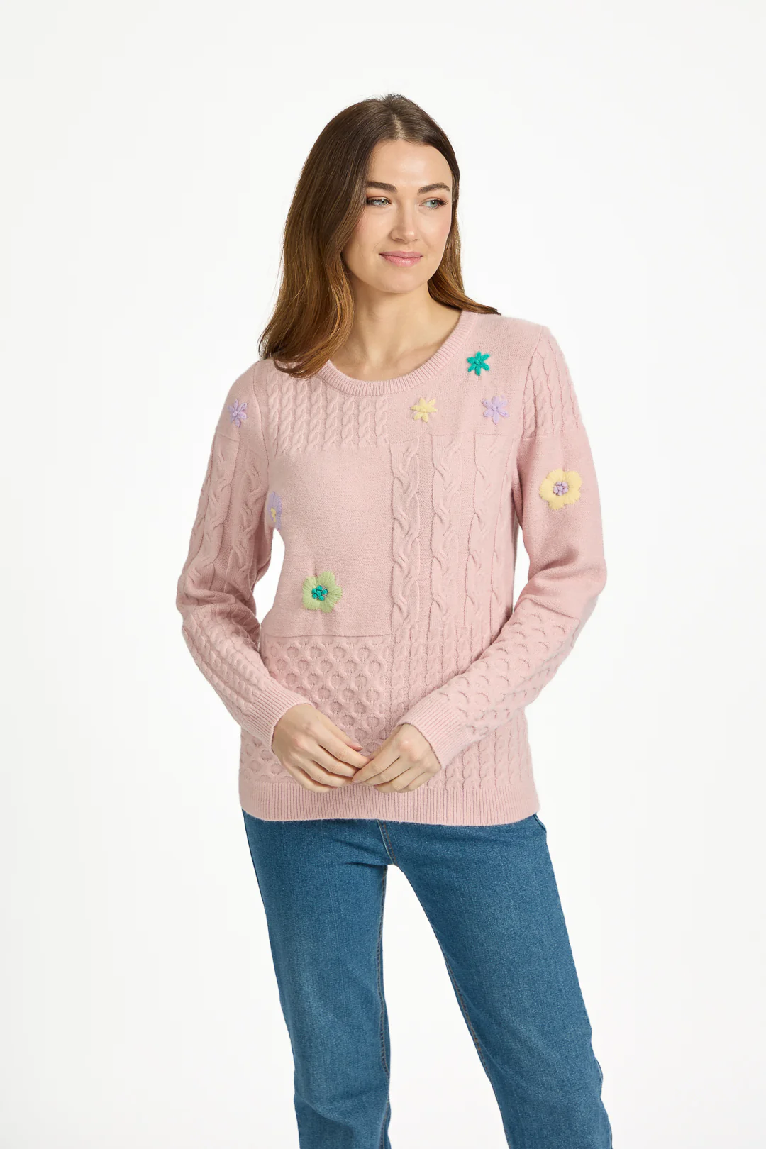 Cable Flower Embroidered Jumper β Pink