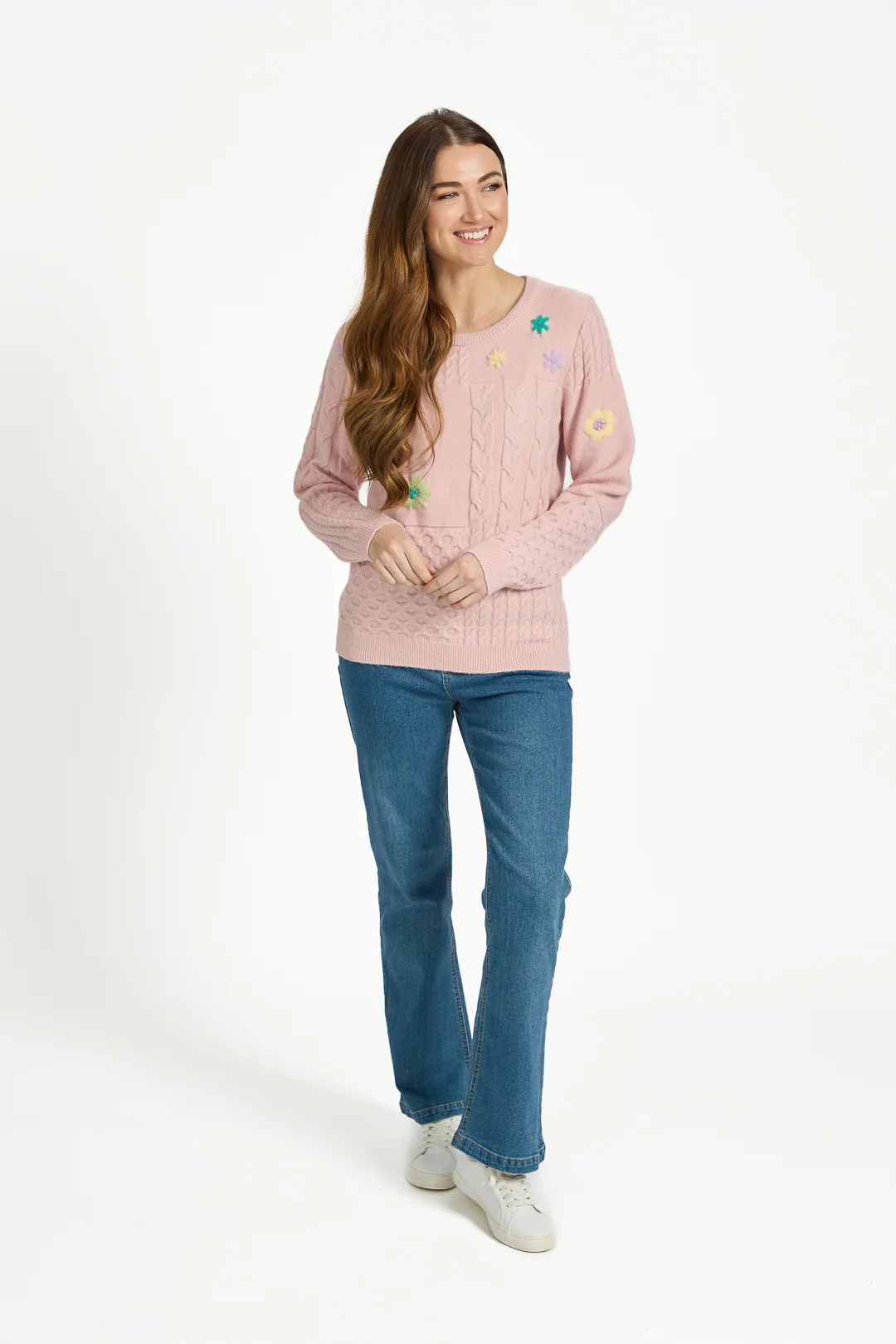 Cable Flower Embroidered Jumper β Pink - Image 2