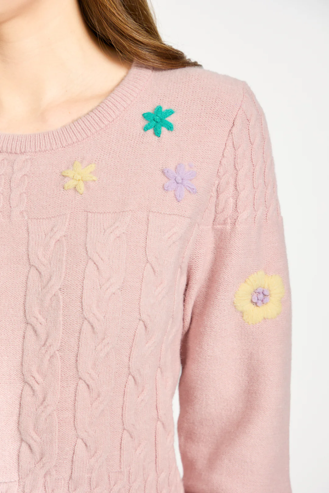 Cable Flower Embroidered Jumper β Pink - Image 5