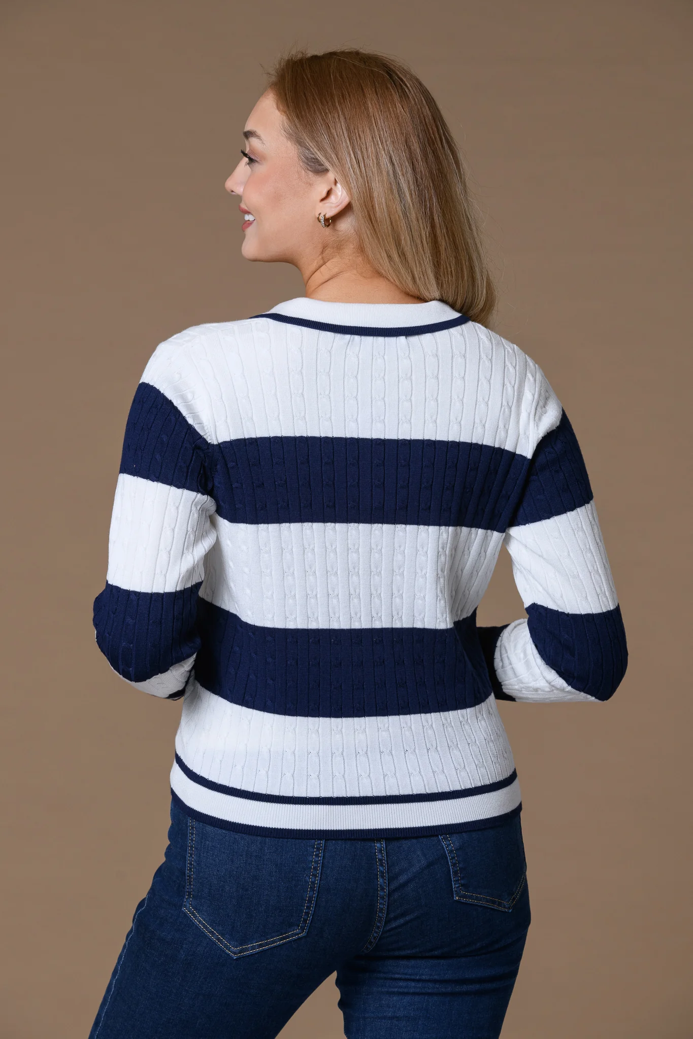 Cable Long Sleeve Sweater NAVY/WHITE - Image 2