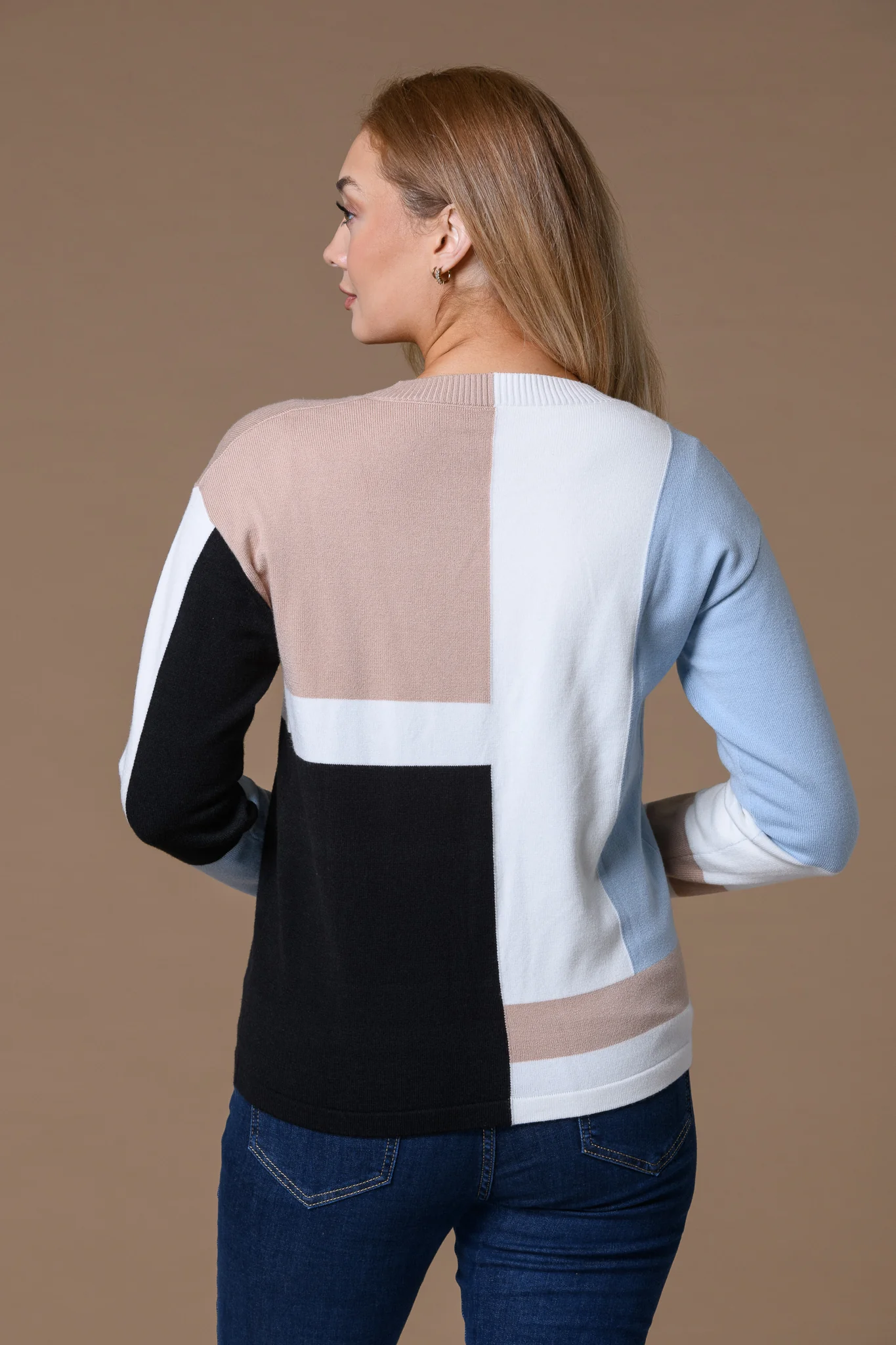 Colour Block V Neck Sweater KP733715 BLUE/SAND - Image 2