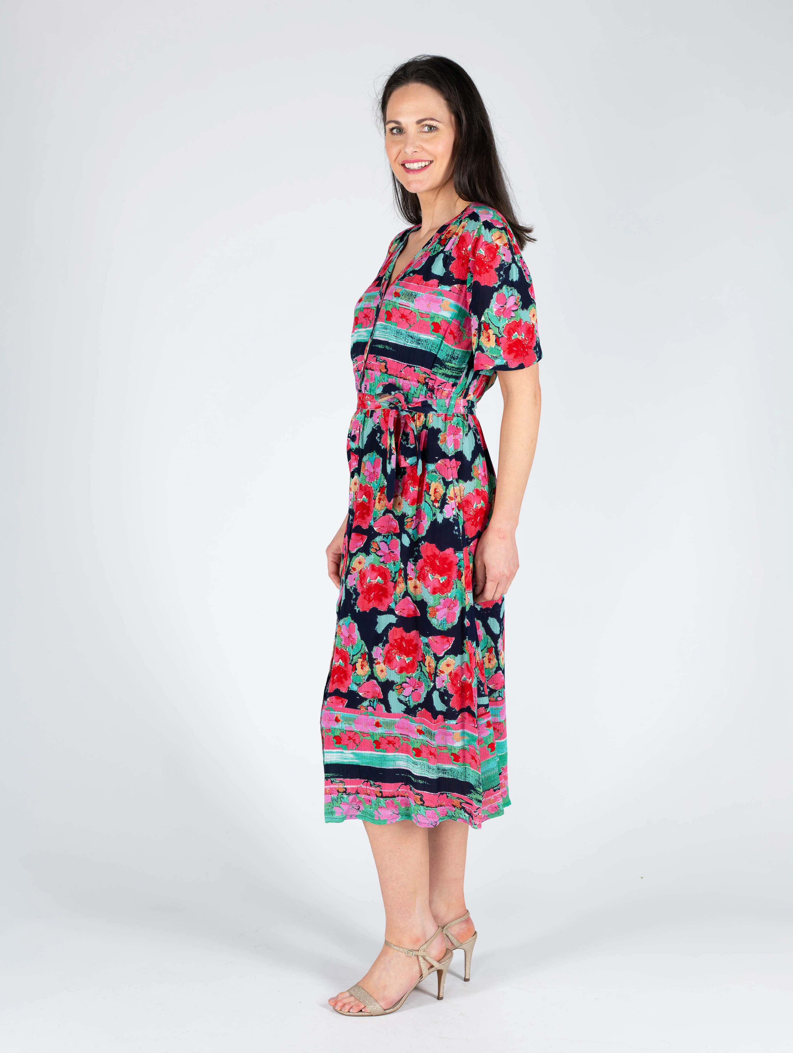Just Elegance Floral Print Dress with Button Placket D29890 – Red Multi - Image 3