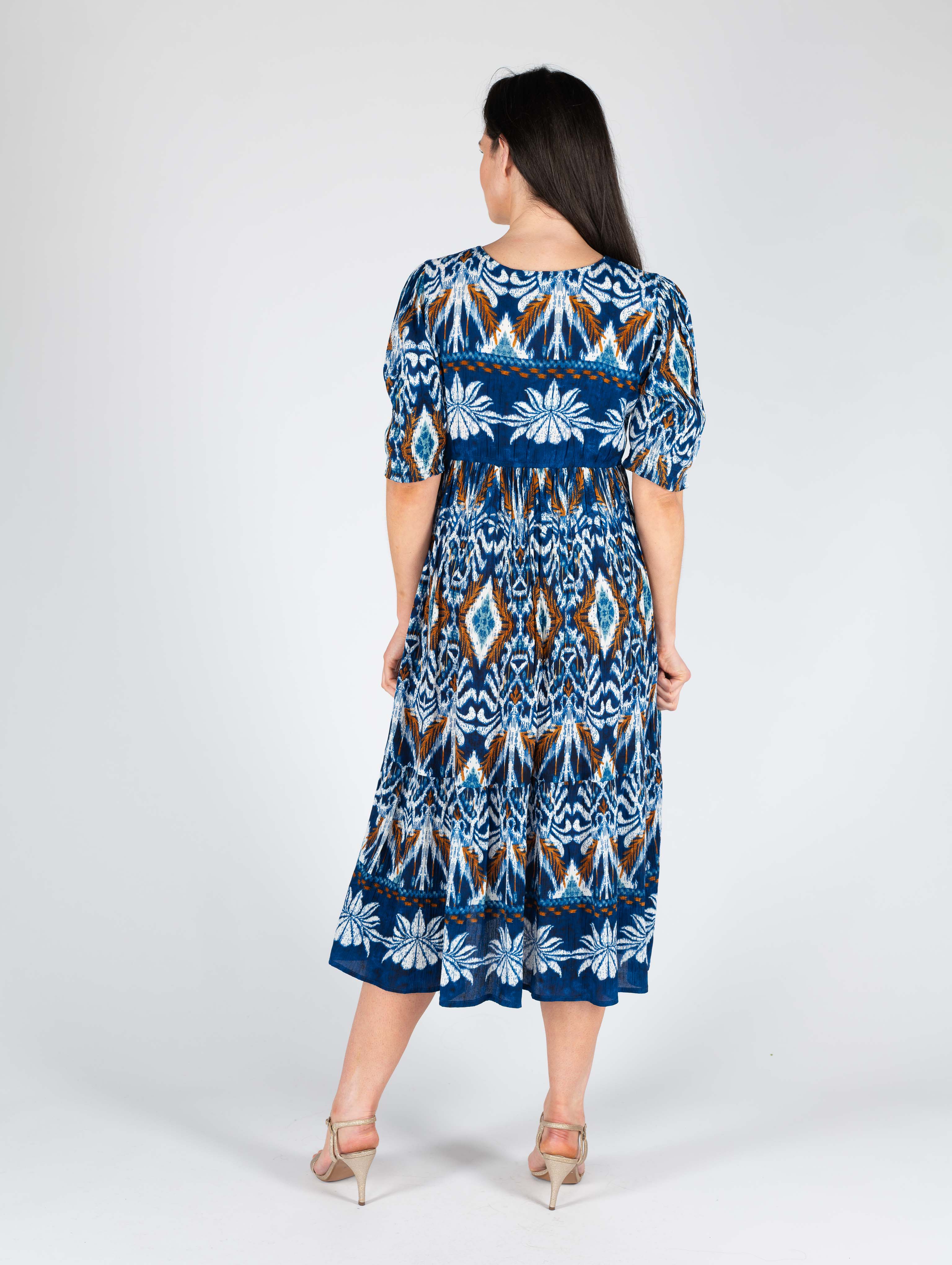 Tropical Print Dress in Blue Multi with Round Neck D29893 - Image 3