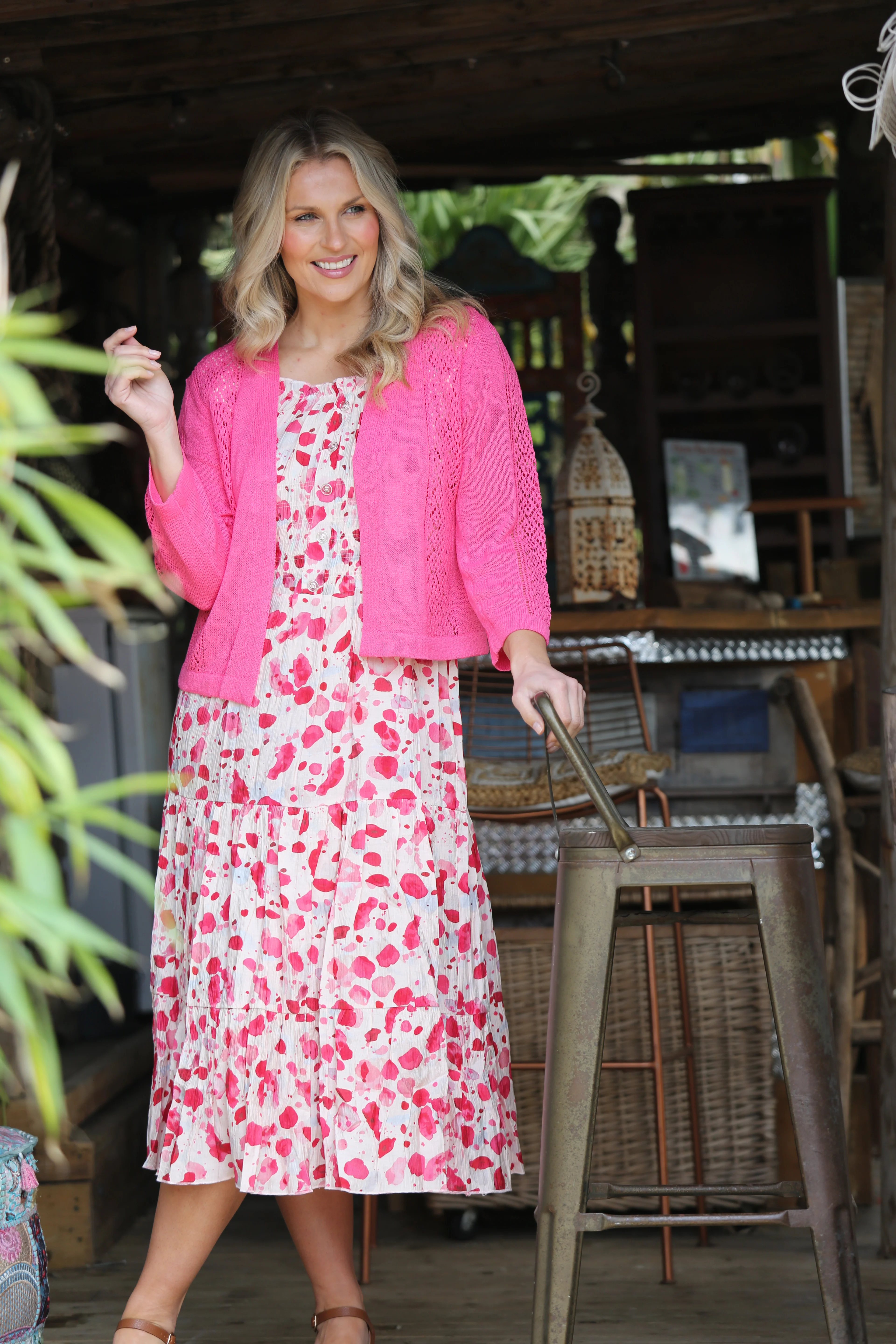 D30861  PRINTED GATHERED NECKLINE DRESS CAP SLEE PINK - Image 2