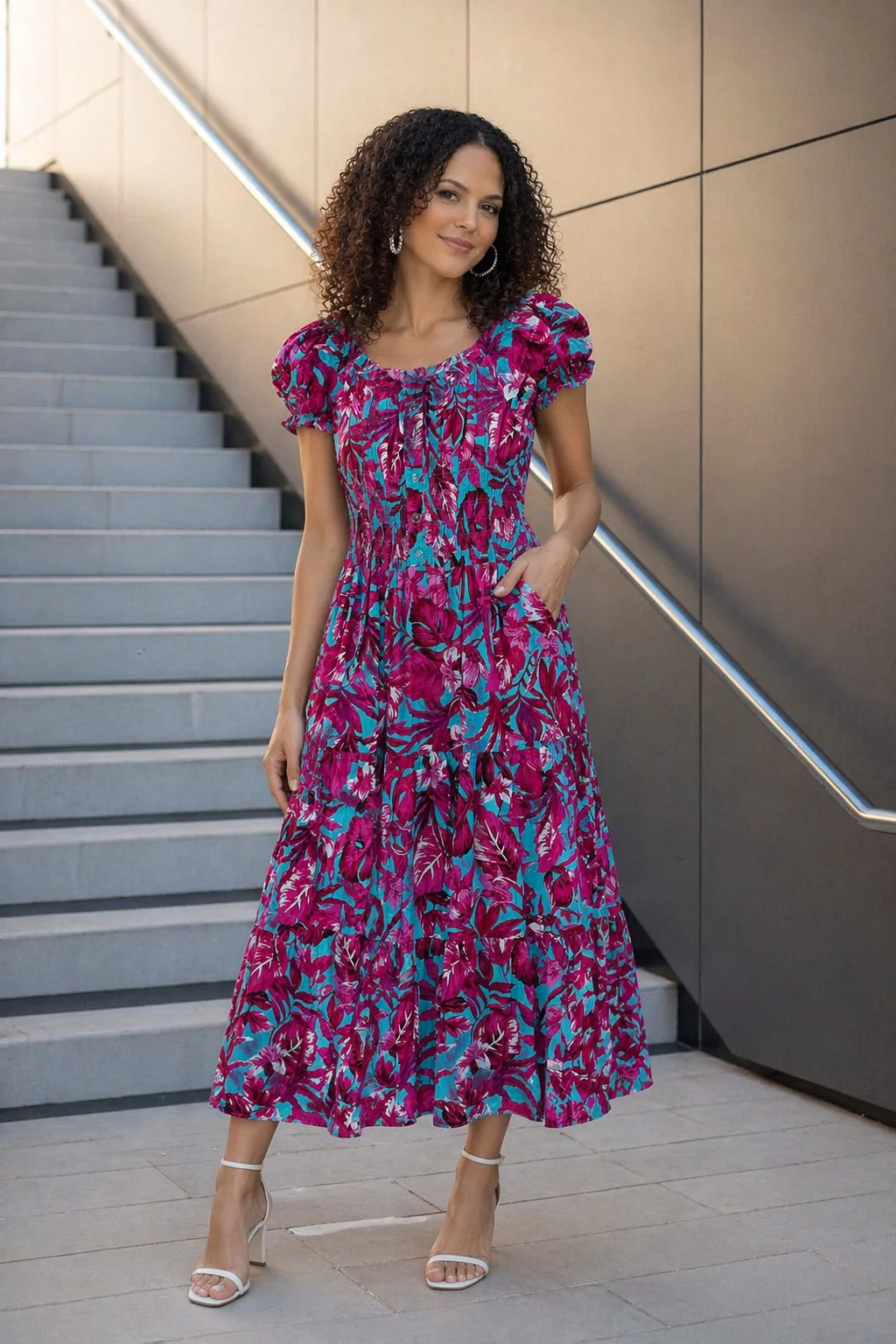 PRINTED GATHERED NECKLLINE DRESS CAP SLE CERISE TURQ D30870