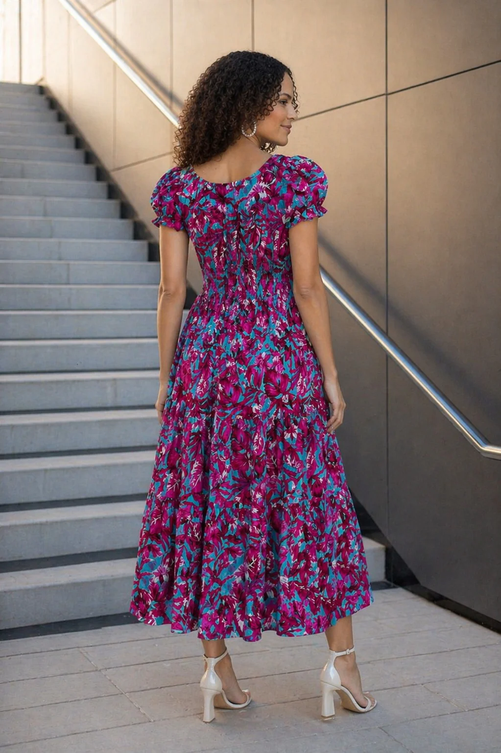 PRINTED GATHERED NECKLLINE DRESS CAP SLE CERISE TURQ D30870 - Image 2