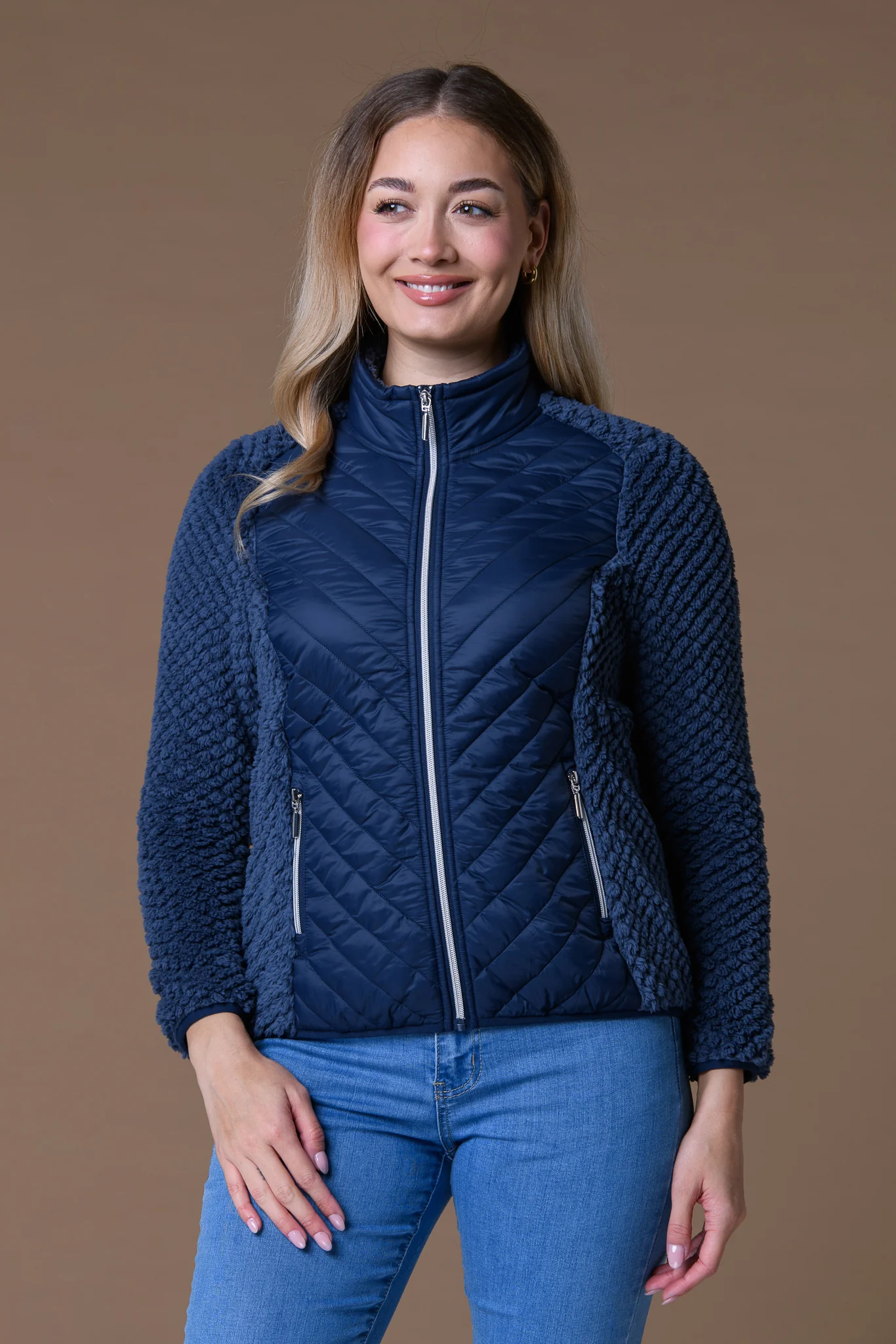 Diagonal Quilt + Velour Jacket NAVY