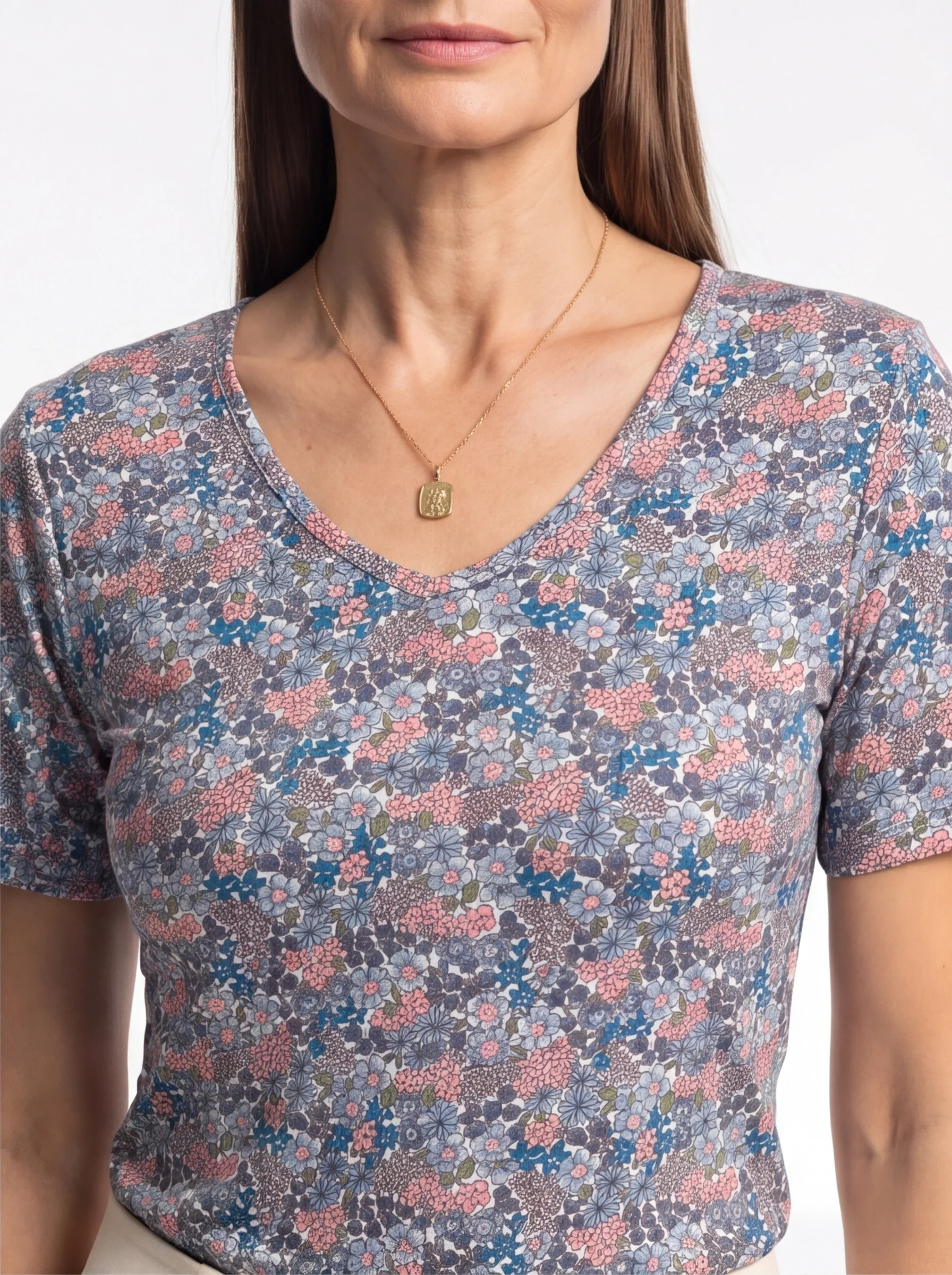 Ditsy Flower V Neck BLUE/PINK - Image 2