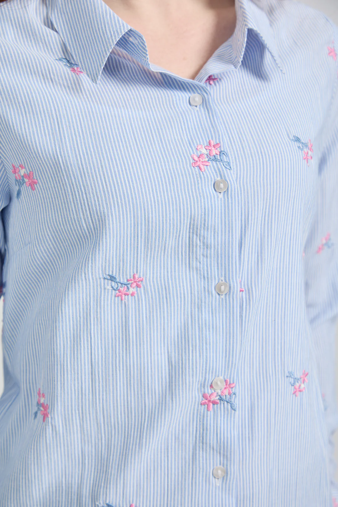 Floral Embroidered Stripe Shirt – Blue - Image 5