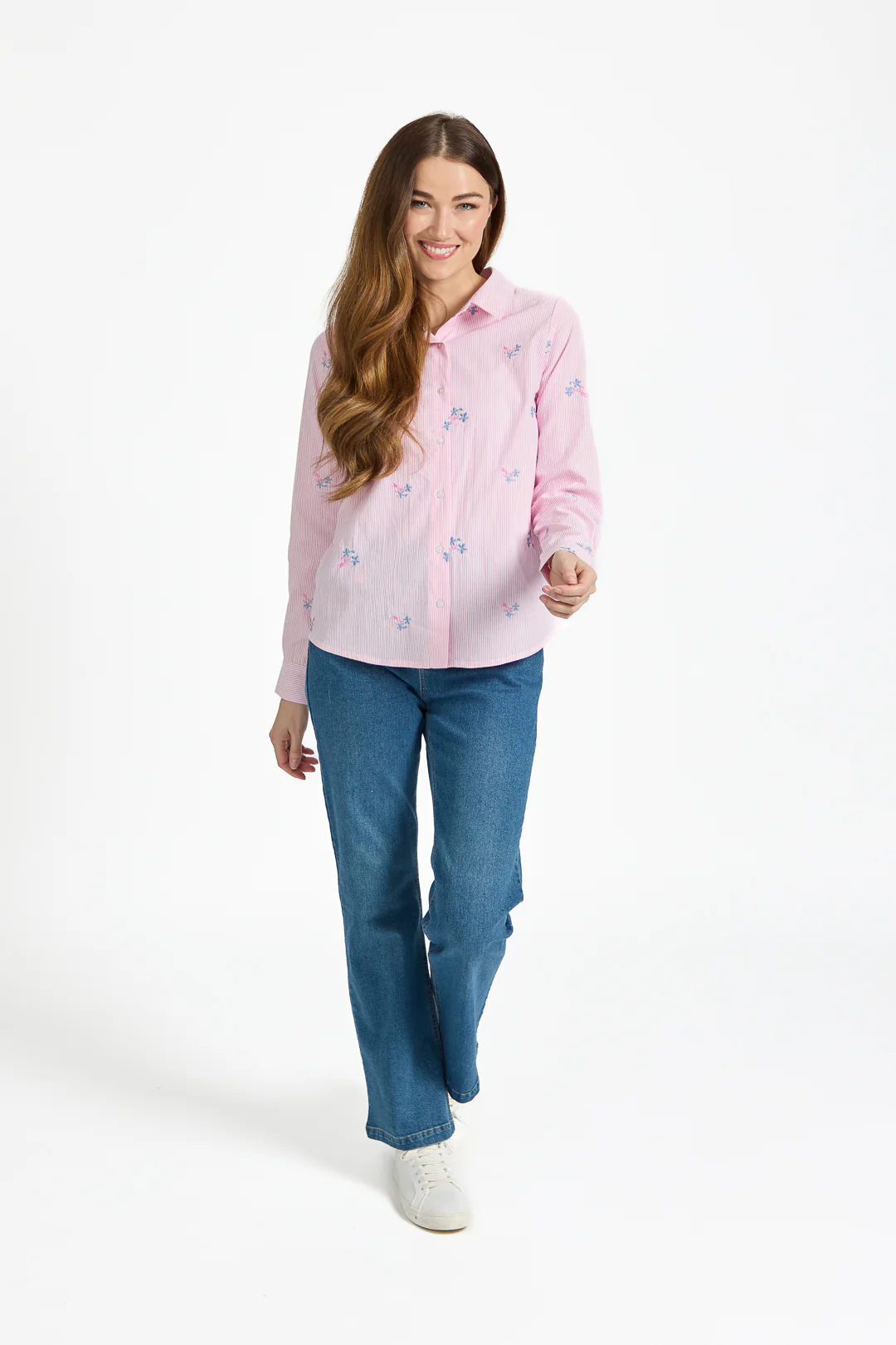 Floral Embroidered Stripe Shirt – Pink - Image 3