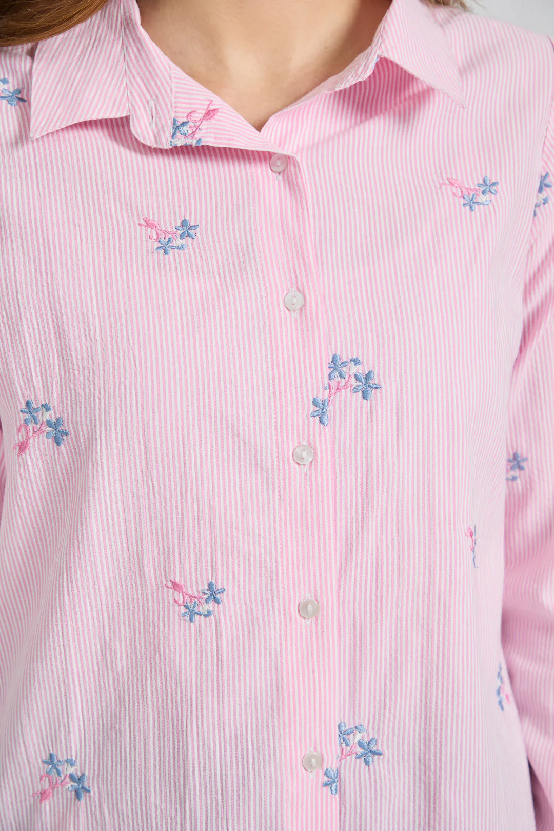 Floral Embroidered Stripe Shirt – Pink - Image 5