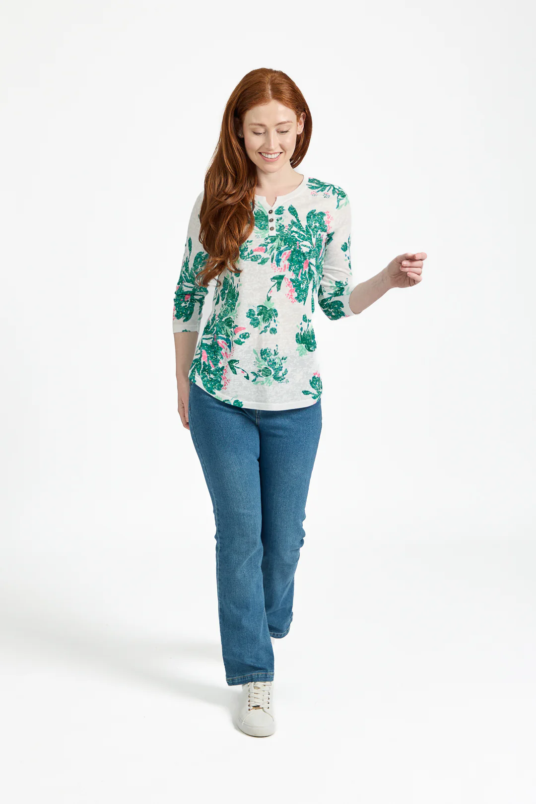 Floral Print Burnout Tee – Green - Image 2