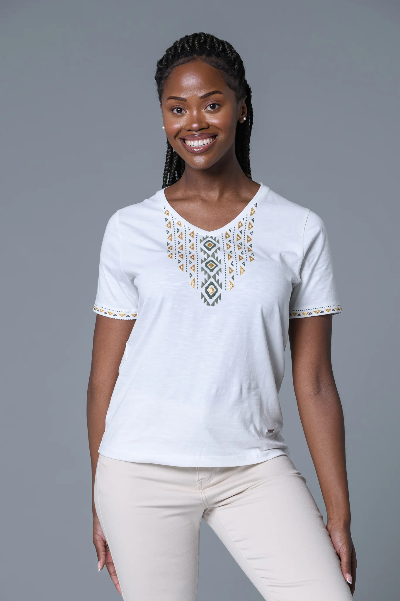 Gold Aztec Trim Tee WHITE