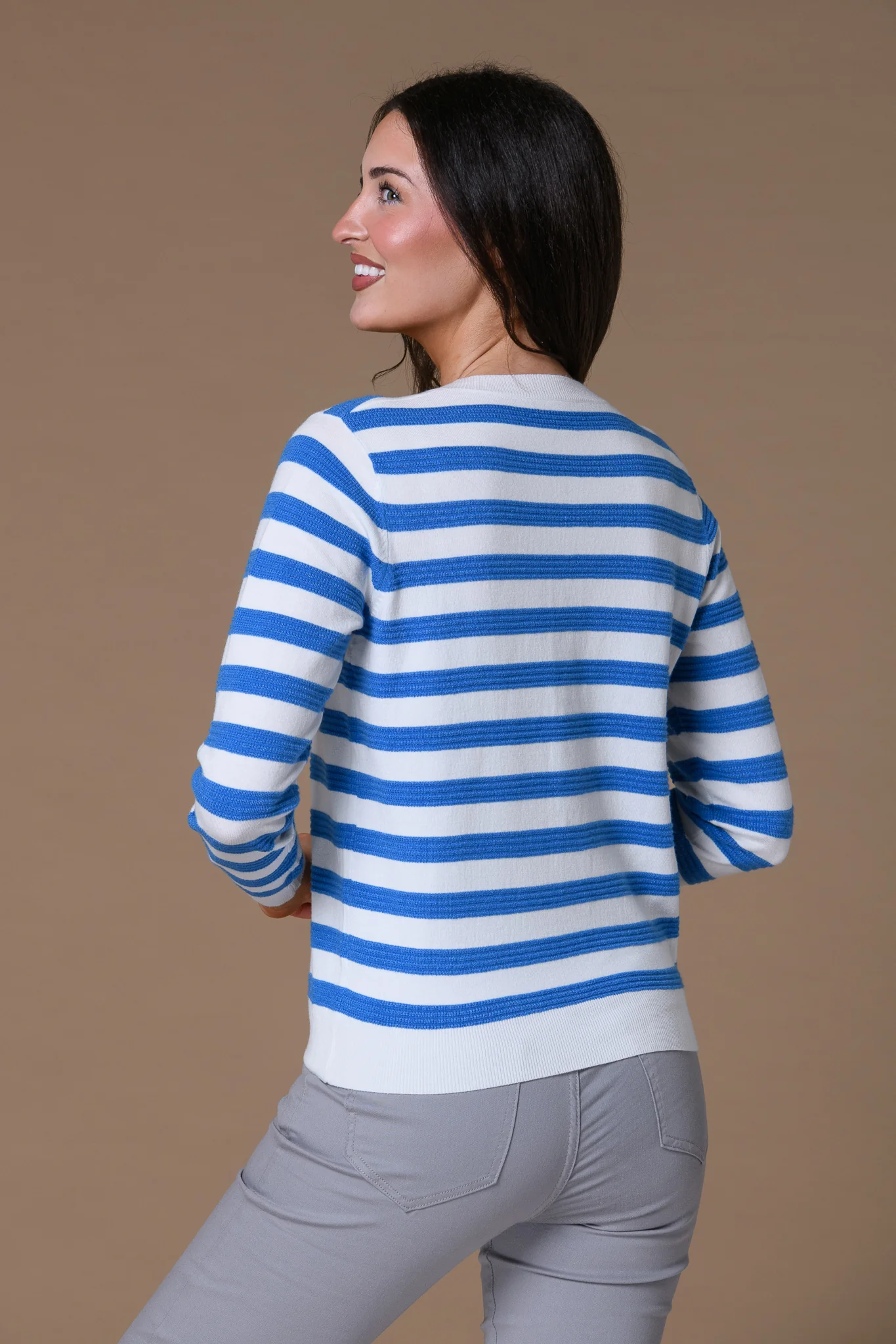 Gold Button Stripe Cardigan BLUE/WHITE - Image 2