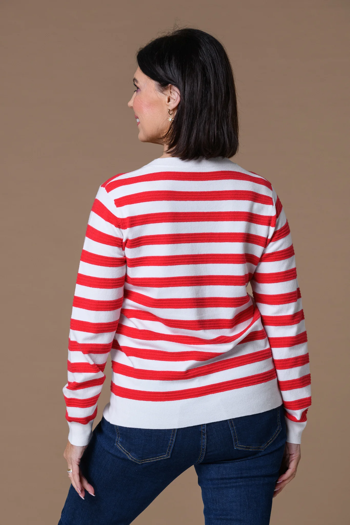 Gold Button Stripe Cardigan RED/WHITE - Image 2