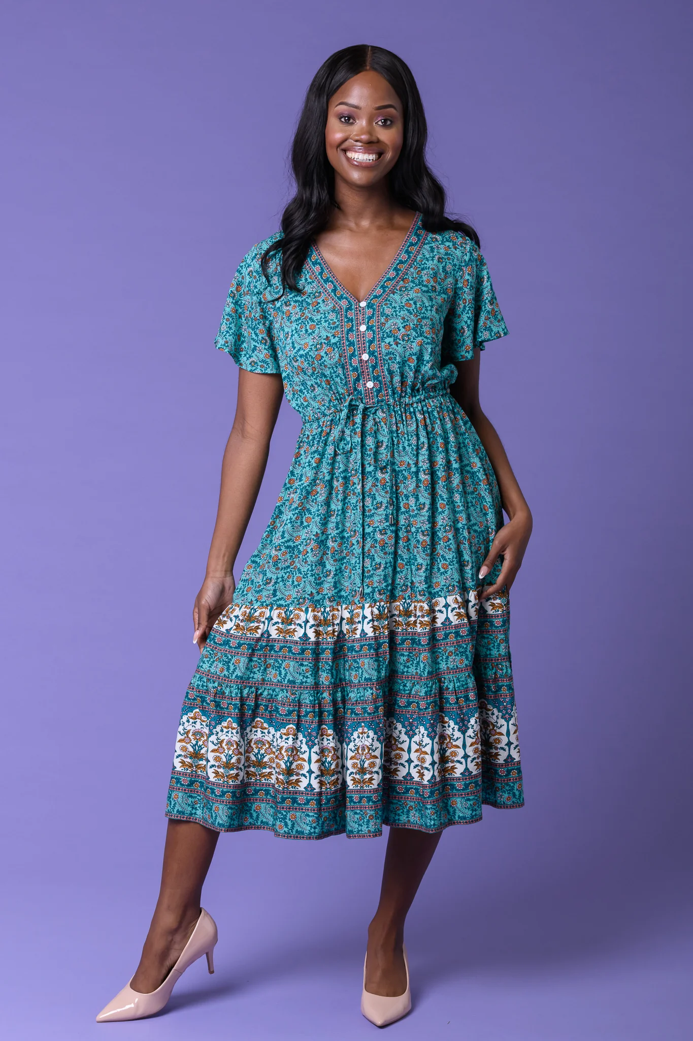 Green Waist Tie Midi Dress D160398 GREEN