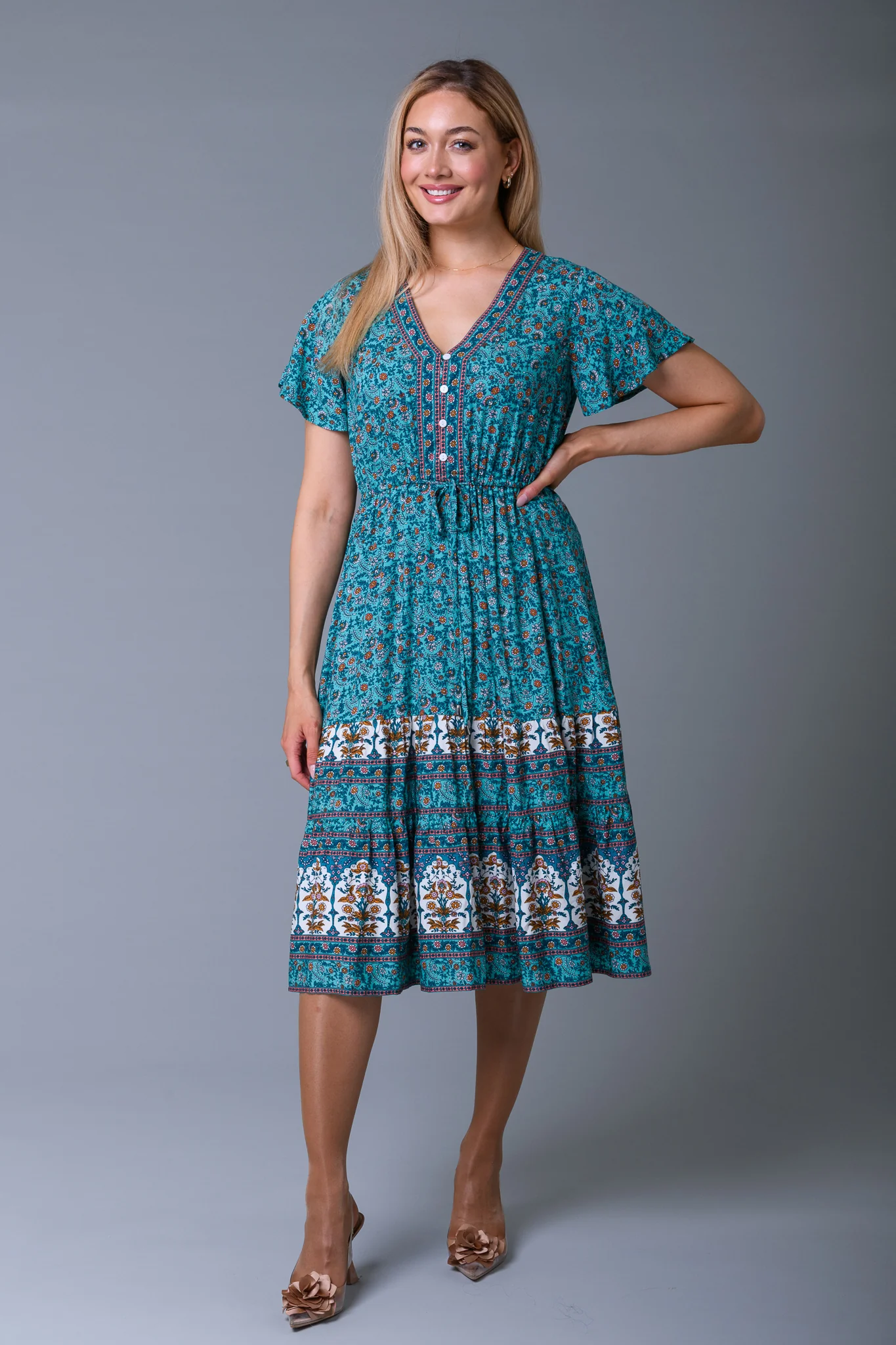 Green Waist Tie Midi Dress D160398 GREEN - Image 3