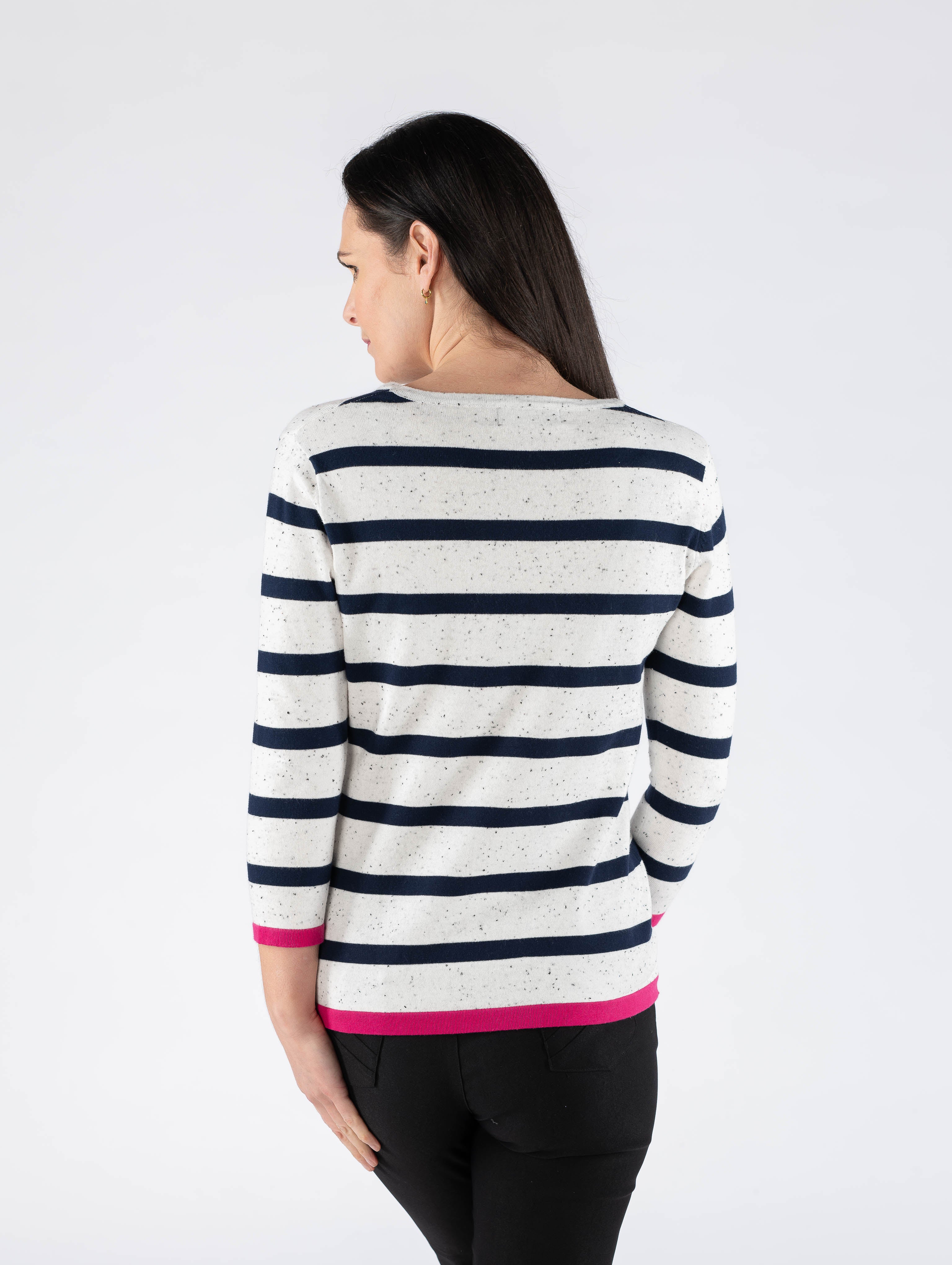 Speckle Stripe Jumper Round Neck 3/4 Sleeve Ju29762 White Navy - Image 2