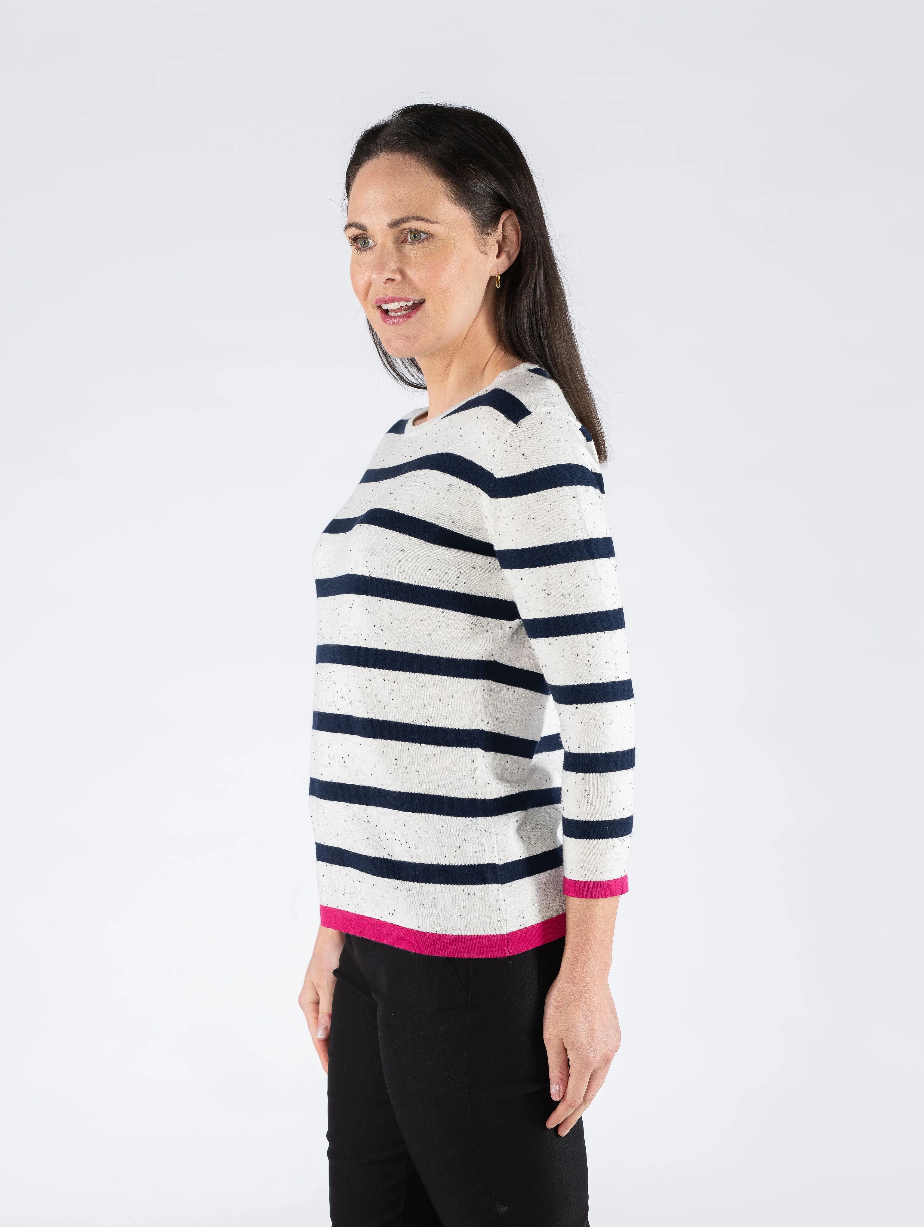 Speckle Stripe Jumper Round Neck 3/4 Sleeve Ju29762 White Navy - Image 3