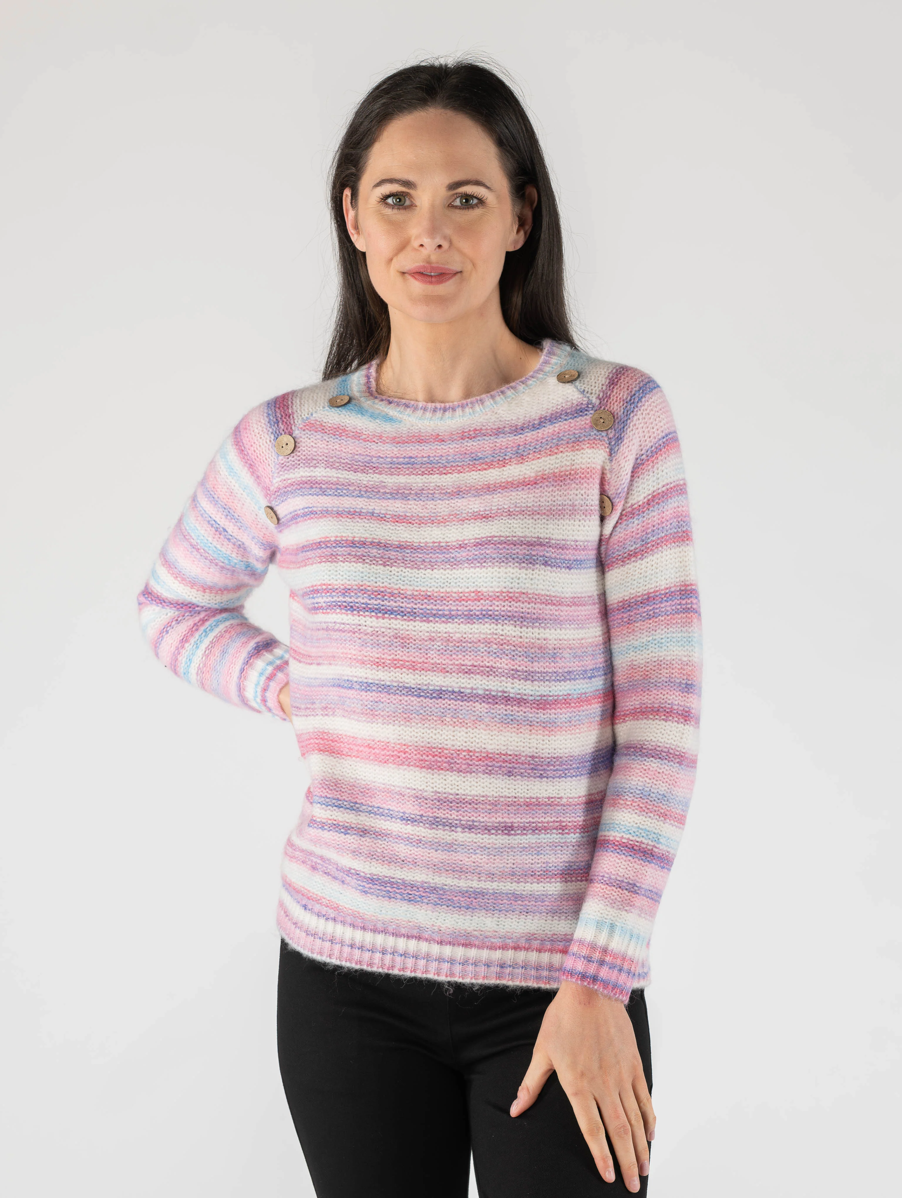 Pink Multi Stripe Jumper With Round Neck JU29948 PINK MULTI
