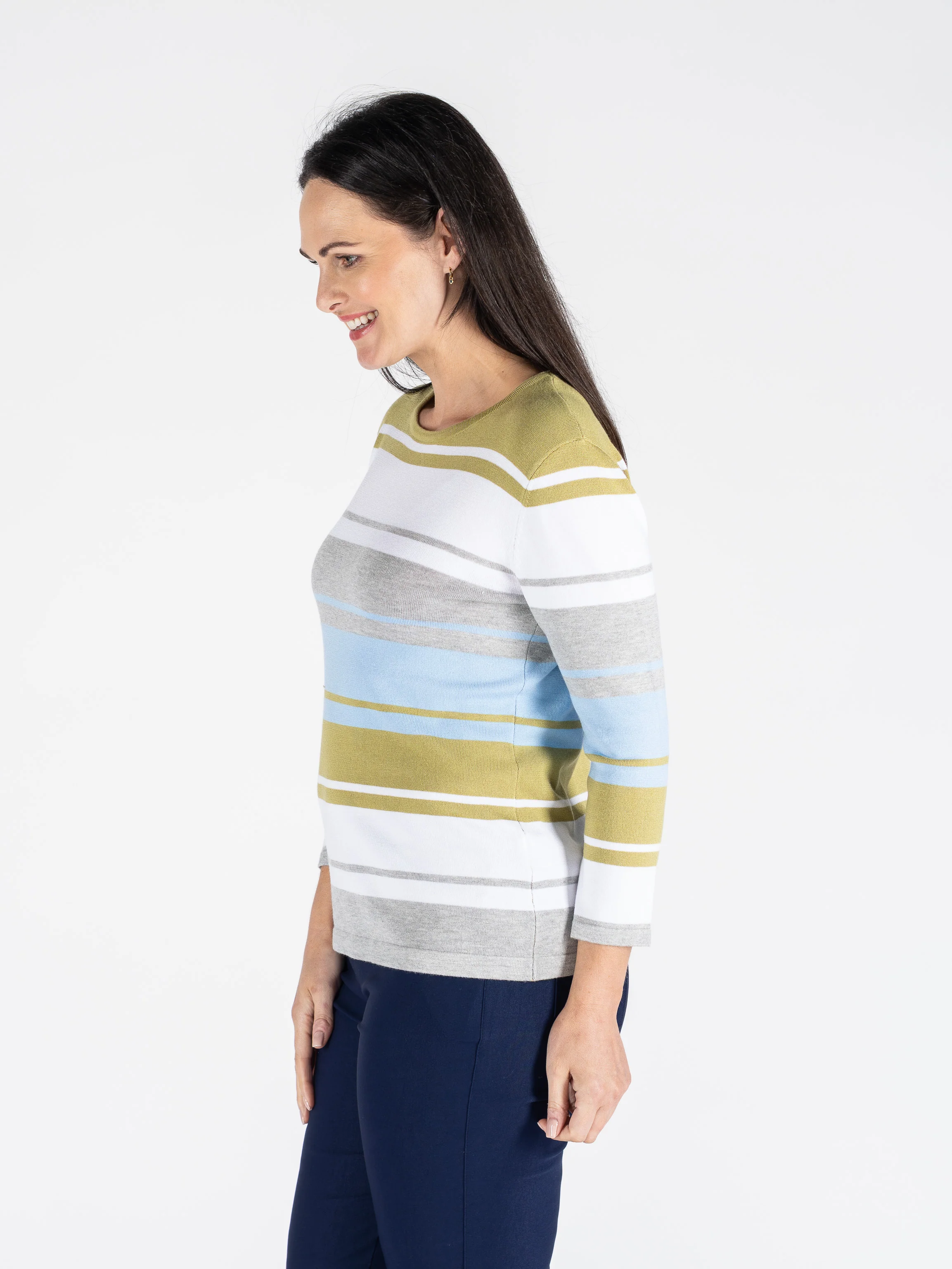 Wide Stripe Jumper Round Neck 3/4 Sleeve JU30494  Green Multi - Image 3