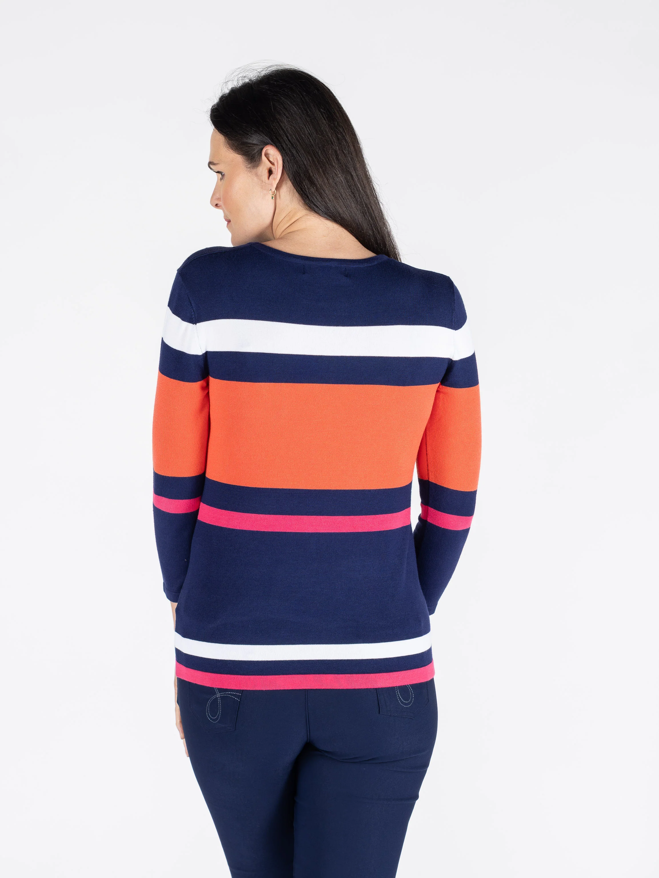 Round Neck 3/4 Sleeve Striped Jumper Ju30496 Navy Multi - Image 2