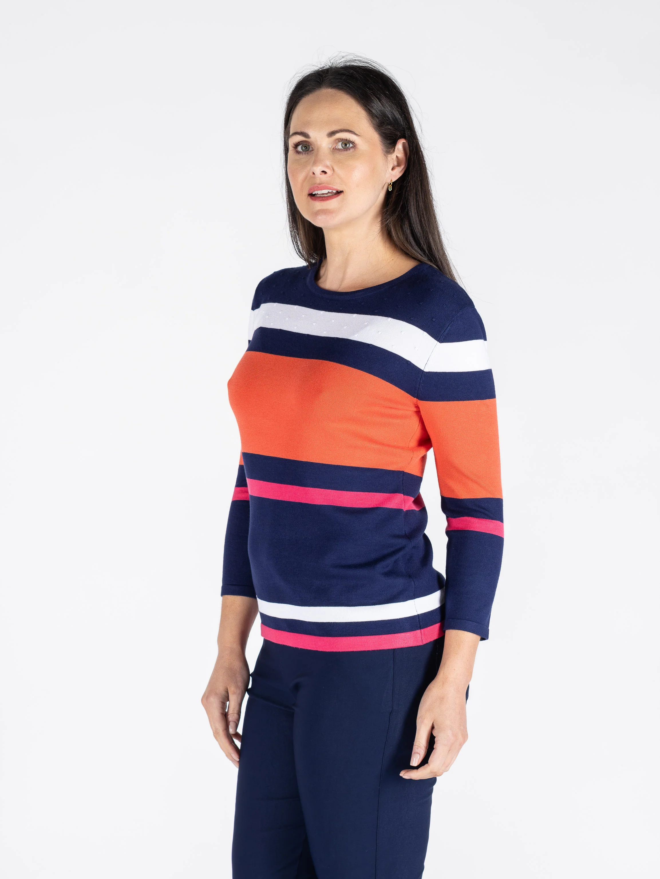 Round Neck 3/4 Sleeve Striped Jumper Ju30496 Navy Multi - Image 3