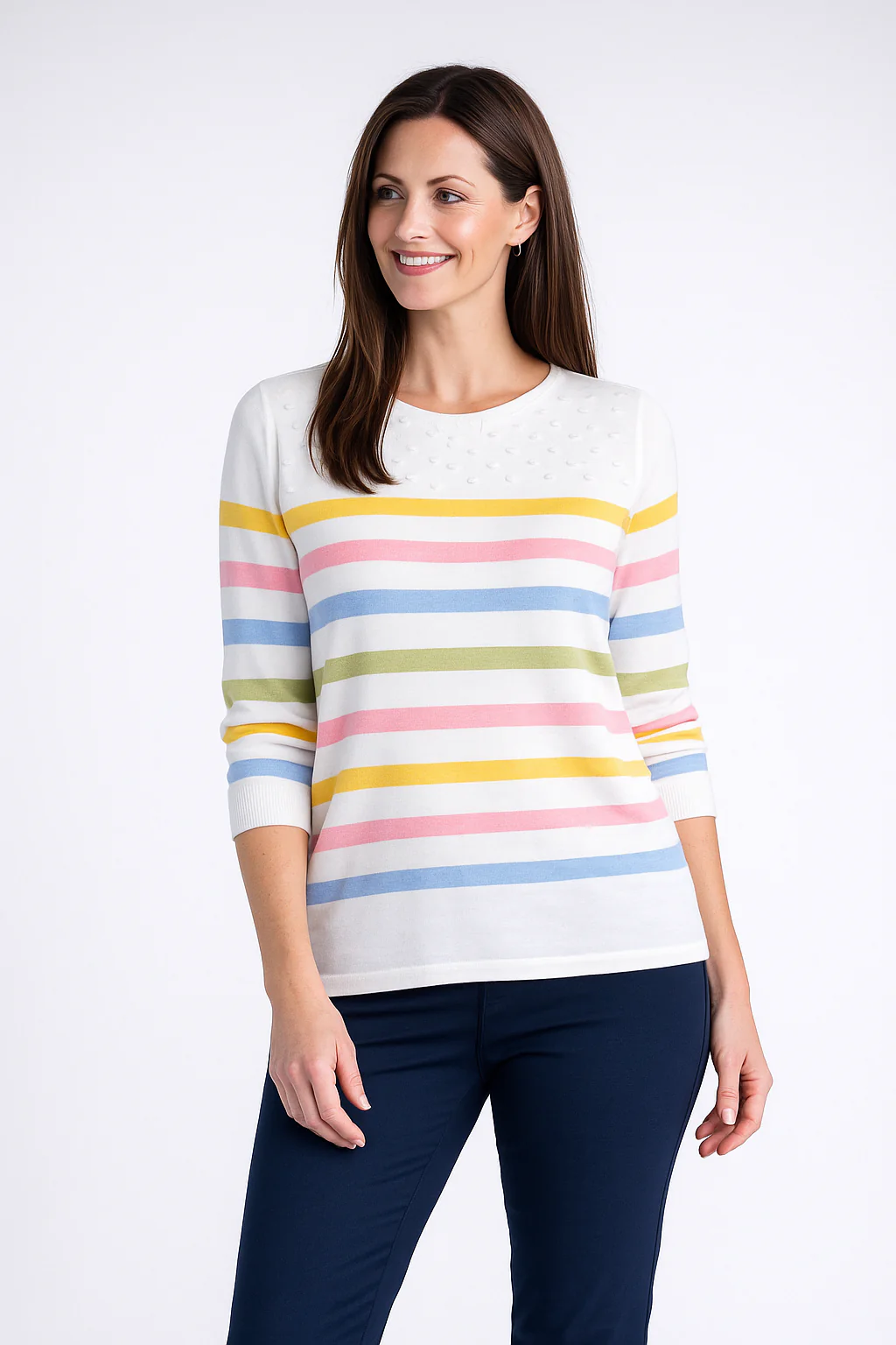 JU30497 MULTI STRIPE JUMPER ROUND NECK 3/4 SLEEV WHITE MULTI