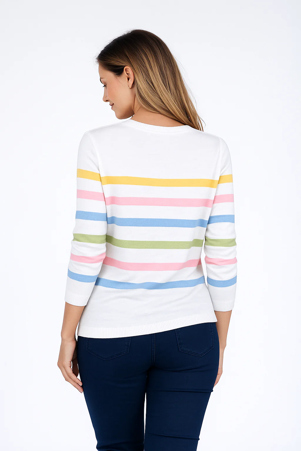 JU30497 MULTI STRIPE JUMPER ROUND NECK 3/4 SLEEV WHITE MULTI - Image 2