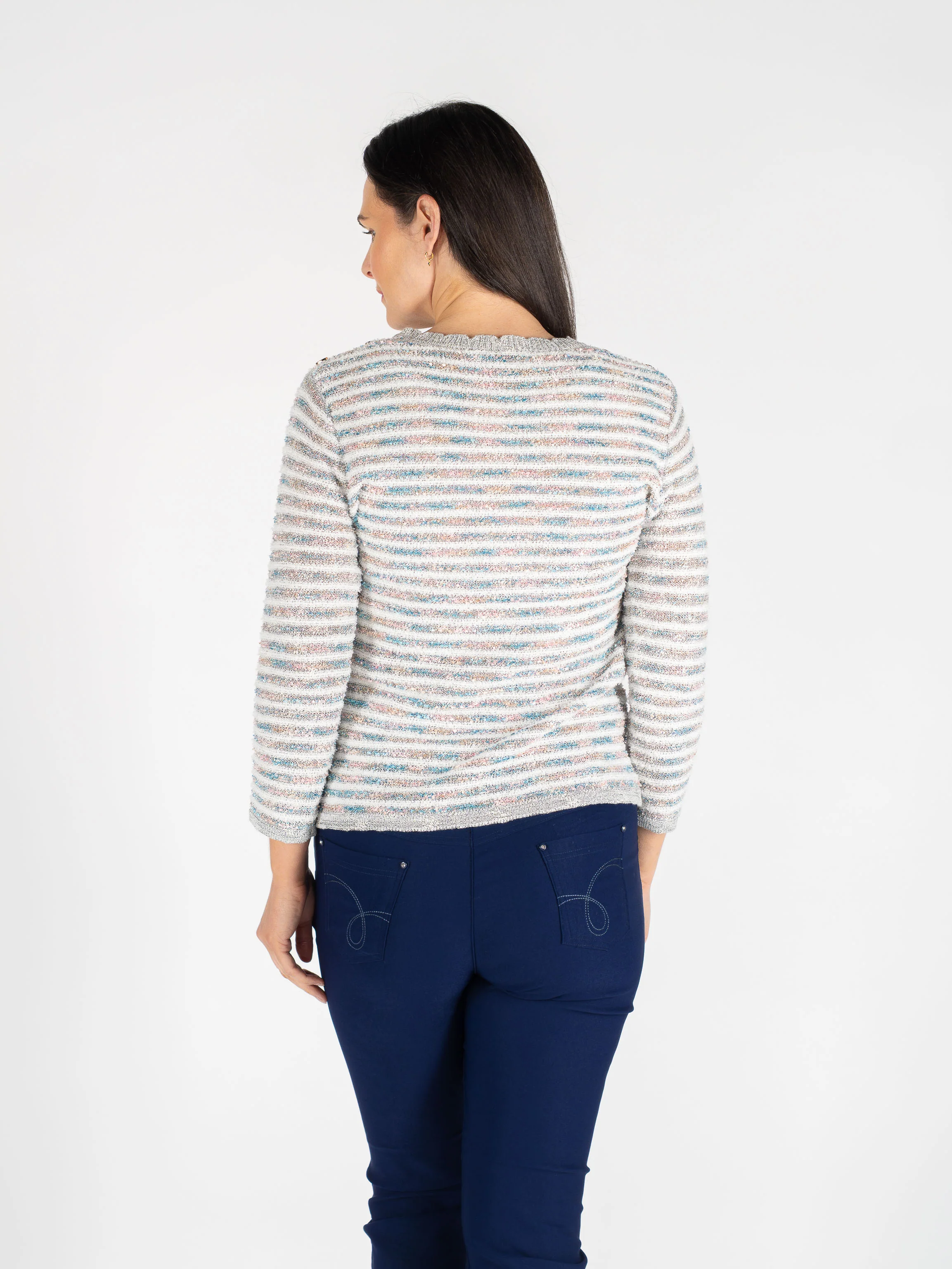 JU30651  Multtextured Stripe Jumper Button Detail White Multi - Image 2