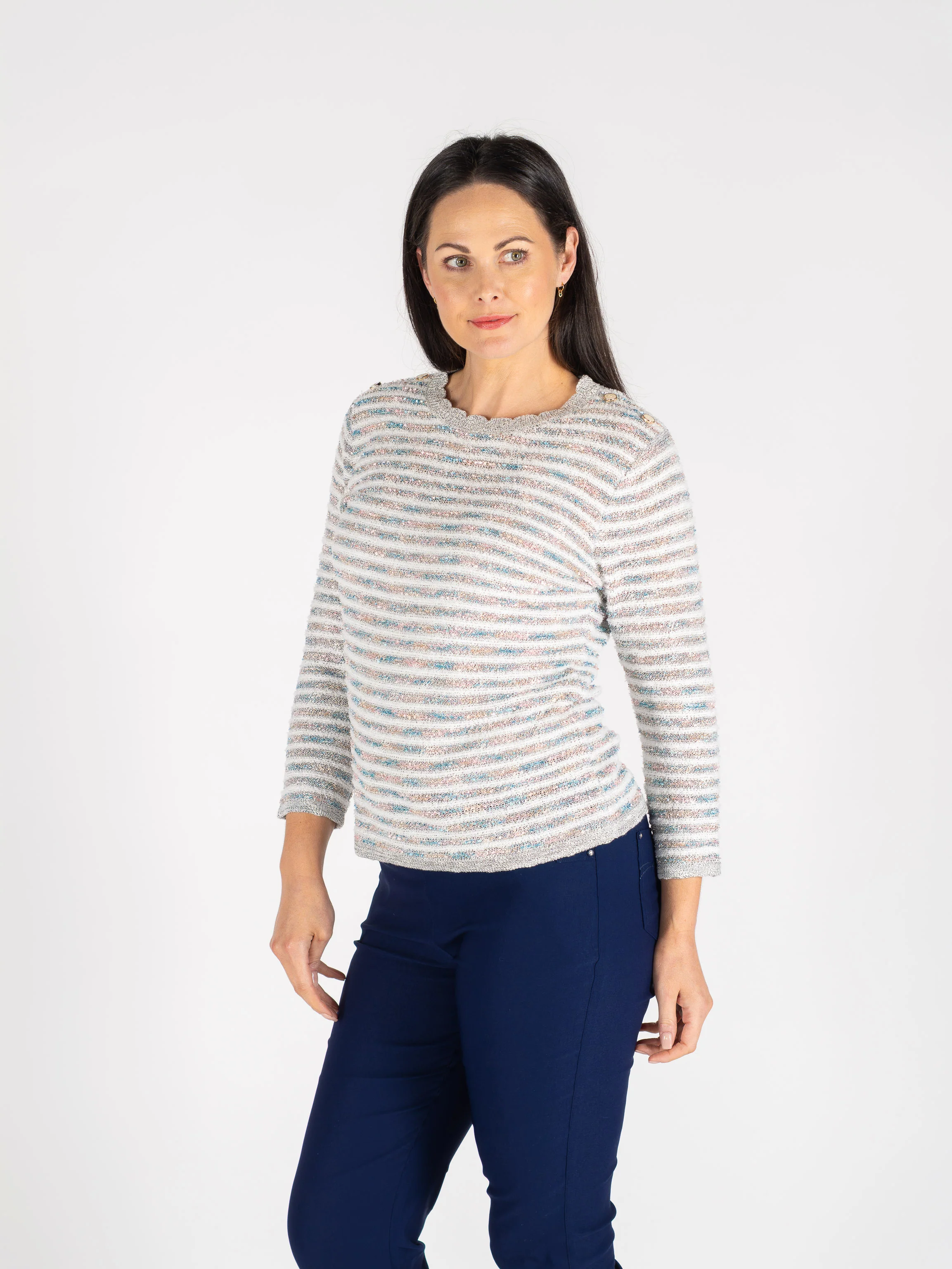 JU30651  Multtextured Stripe Jumper Button Detail White Multi - Image 3