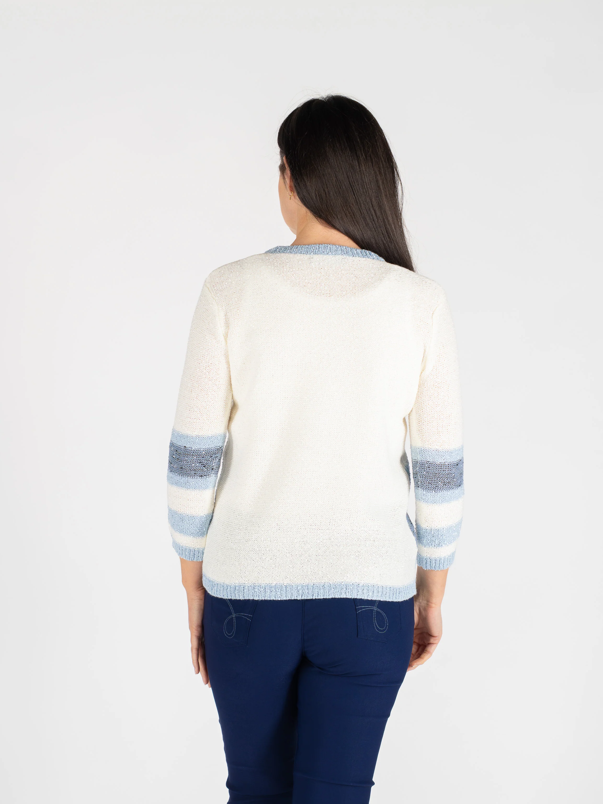 JU30653  Popcorn Knit Pattern Jumper Round Neck Blue Multi - Image 2