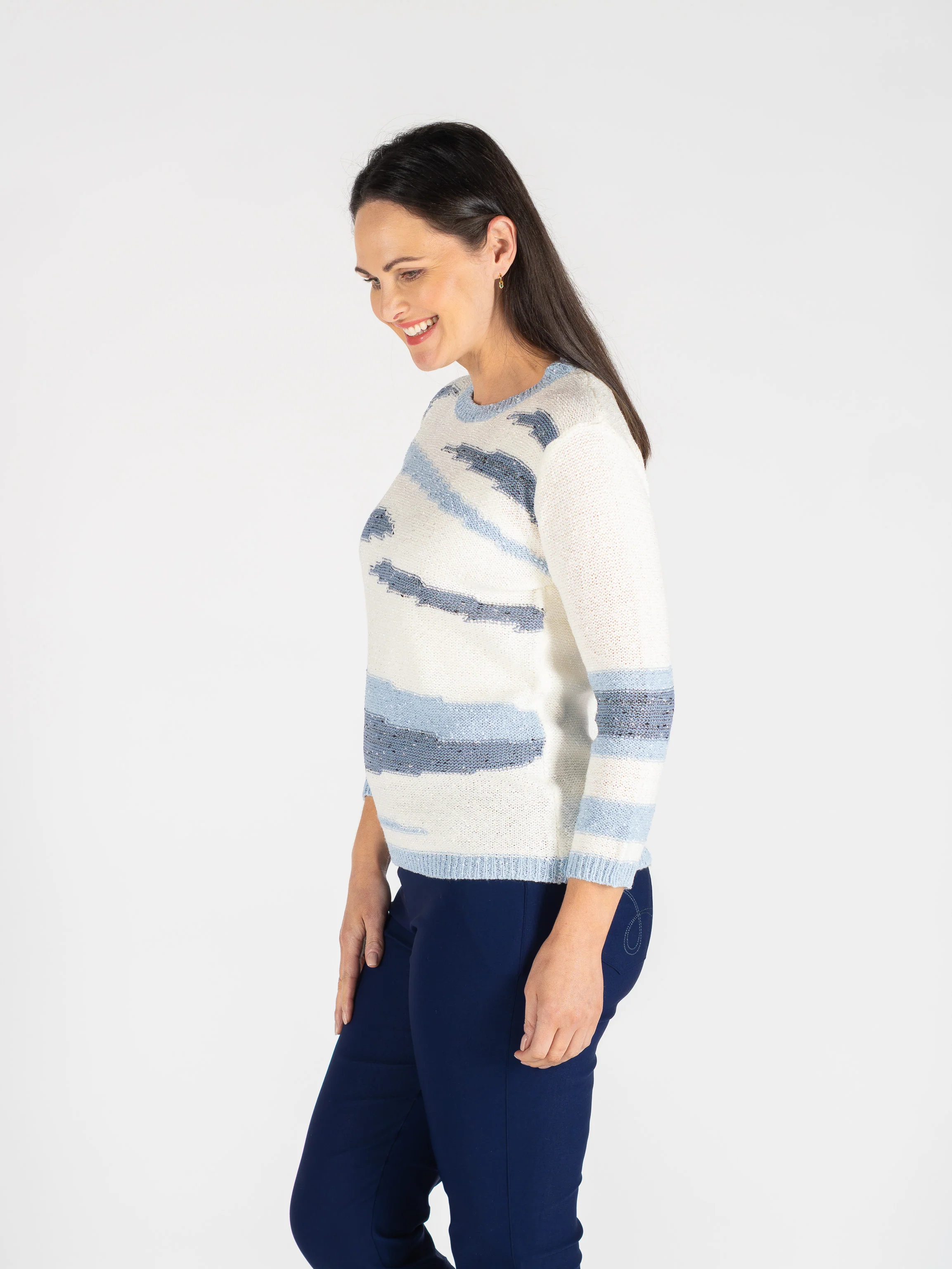 JU30653  Popcorn Knit Pattern Jumper Round Neck Blue Multi - Image 3