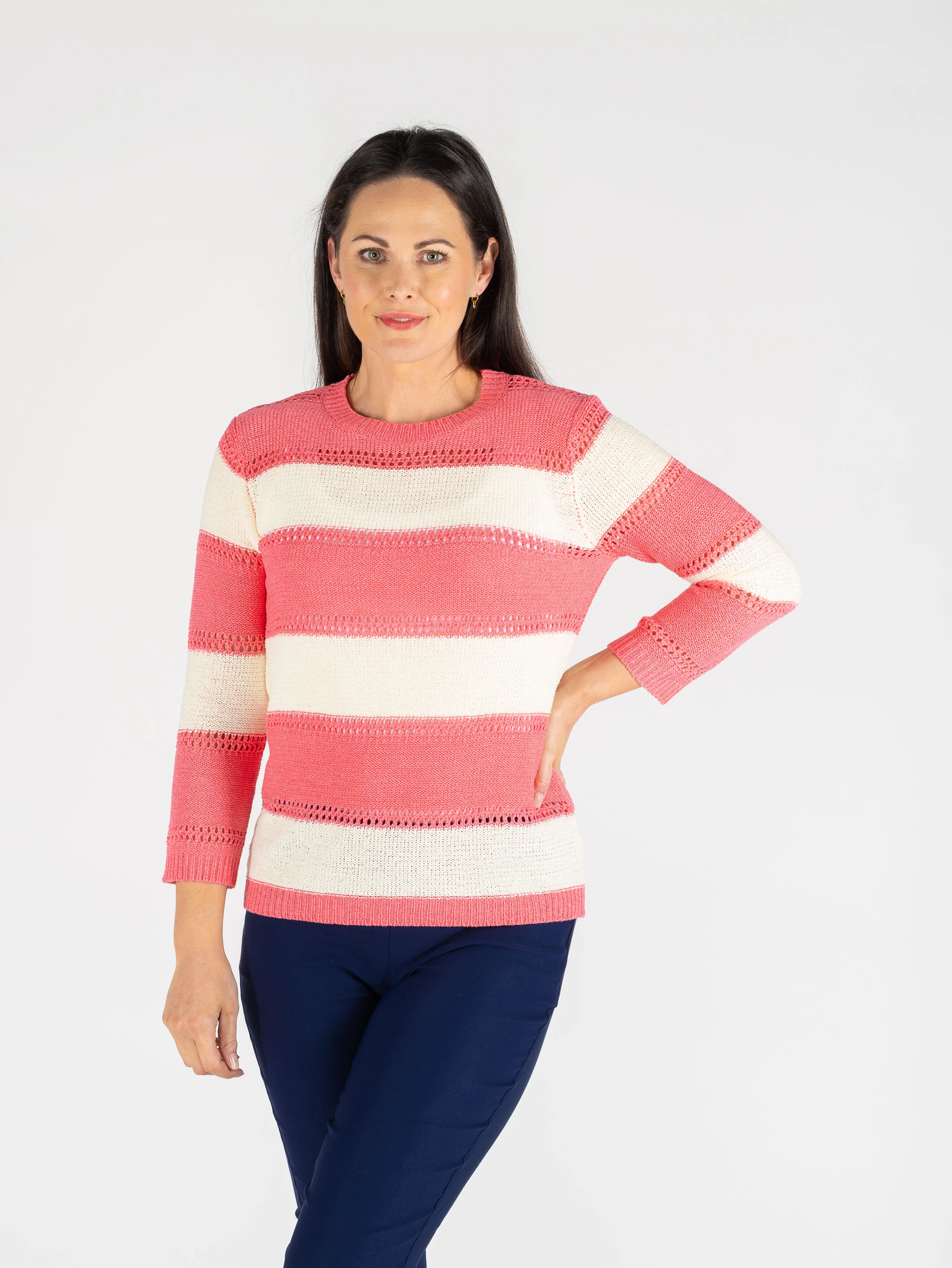 Wide Stripe Round Neck Jumper 3/4 Sleeve Ju30654 Cerise White