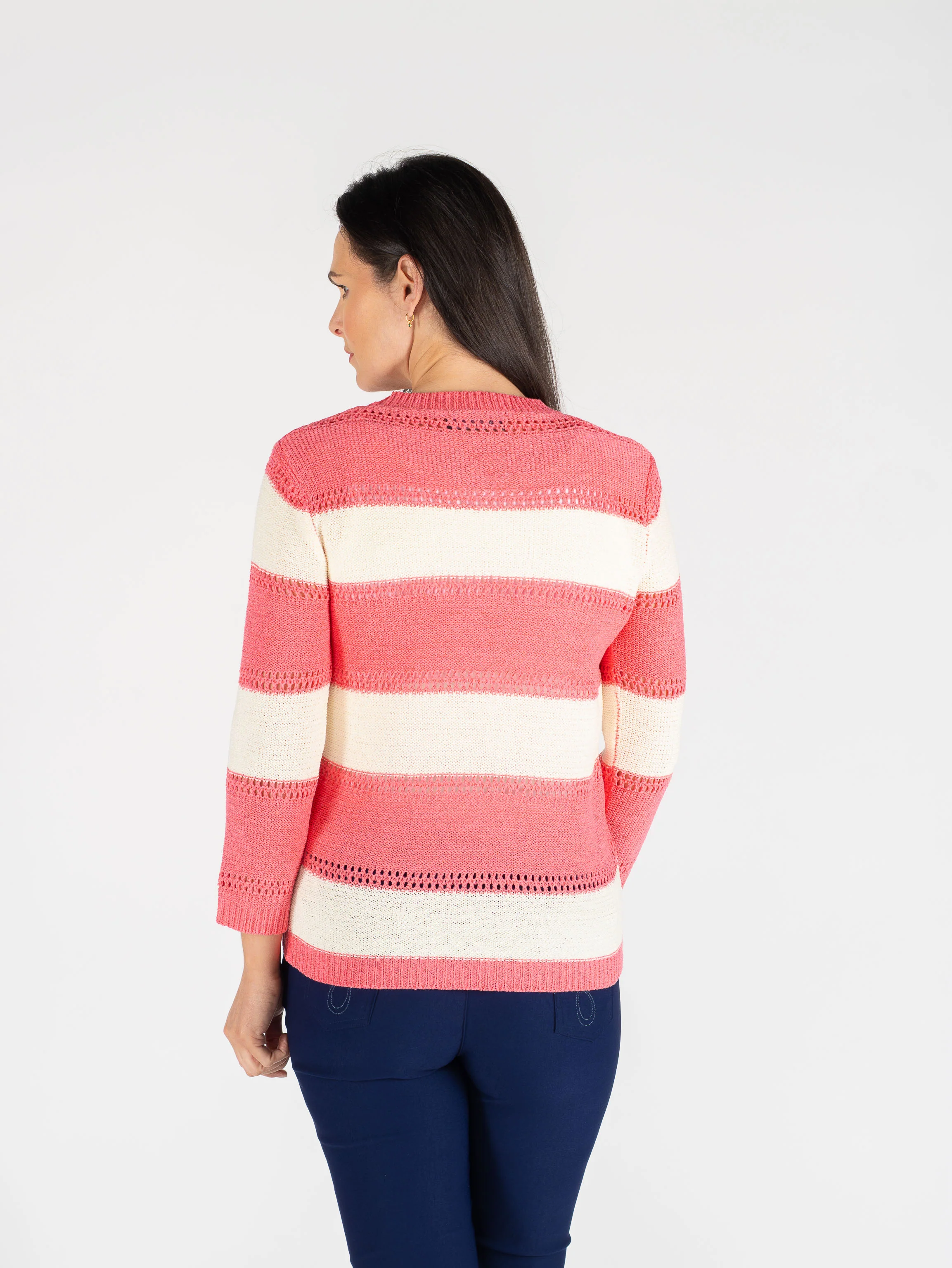 Wide Stripe Round Neck Jumper 3/4 Sleeve Ju30654 Cerise White - Image 2