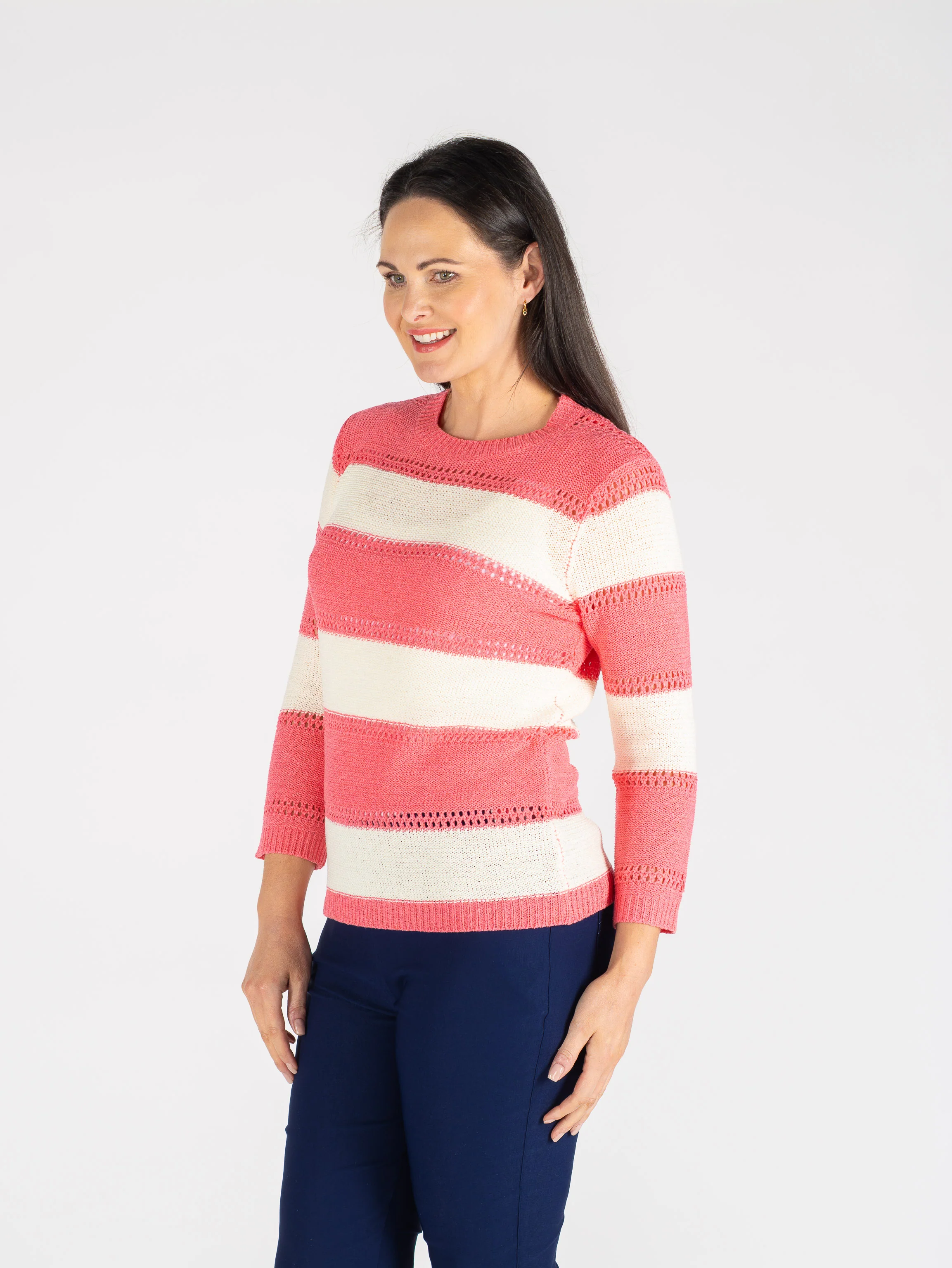 Wide Stripe Round Neck Jumper 3/4 Sleeve Ju30654 Cerise White - Image 3