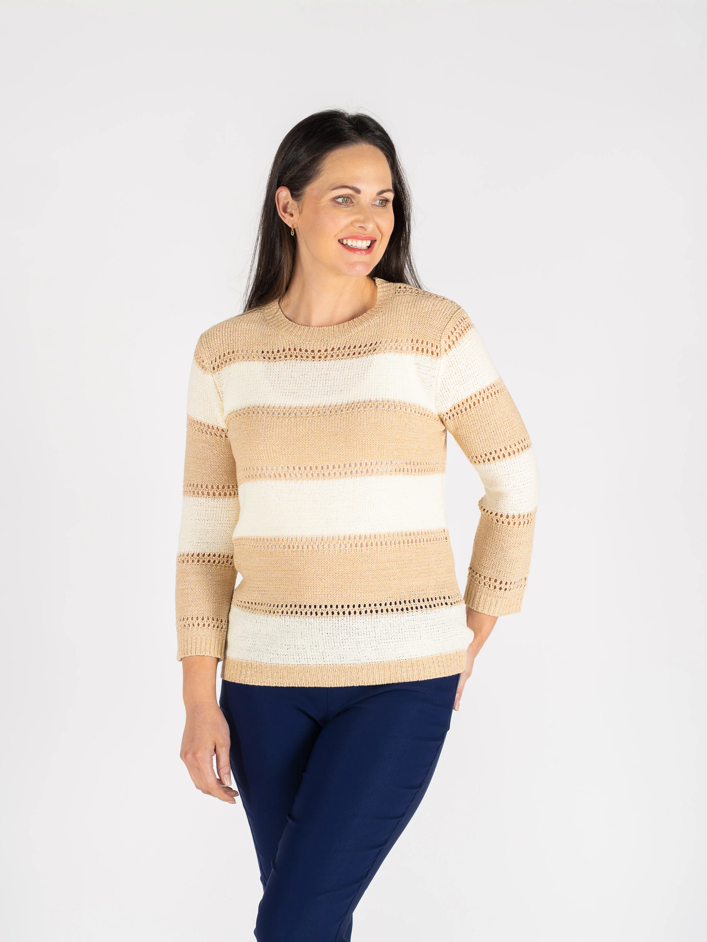 JU30654 WIDE STRIPE ROUND NECK JUMPER 3/4 SLEEVE OATMEAL WHITE